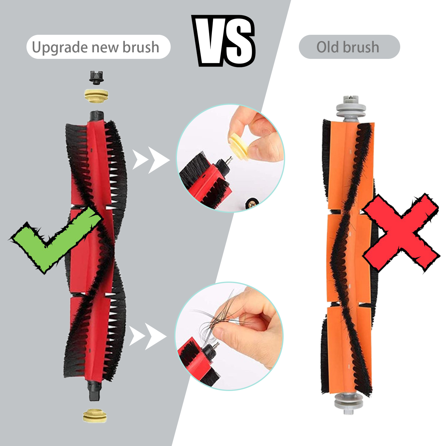 Szczotki do robota odkurzającego. Nowa szczotka vs. stara szczotka. Czerwone i czarne szczotki.