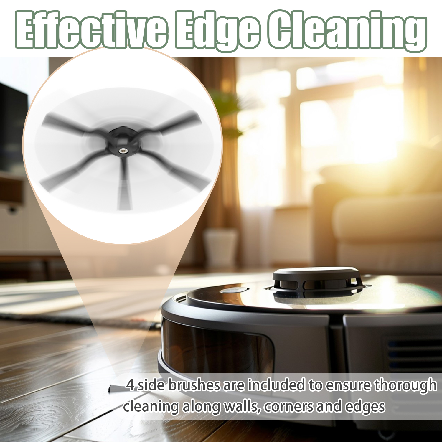 Robot sprzątający z czterema szczotkami bocznymi. Wstawka pokazuje obracające się szczotki. Podłoga drewniana.