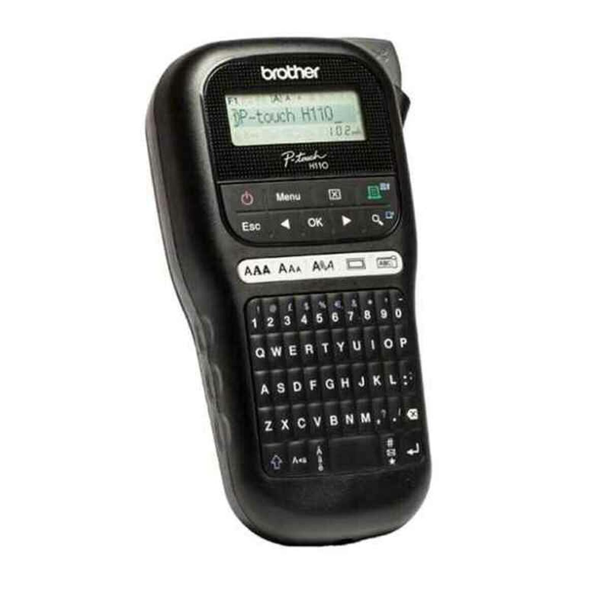 Ein schwarzer Brother P-touch Etikettendrucker mit kleinem Bildschirm und Tastatur.