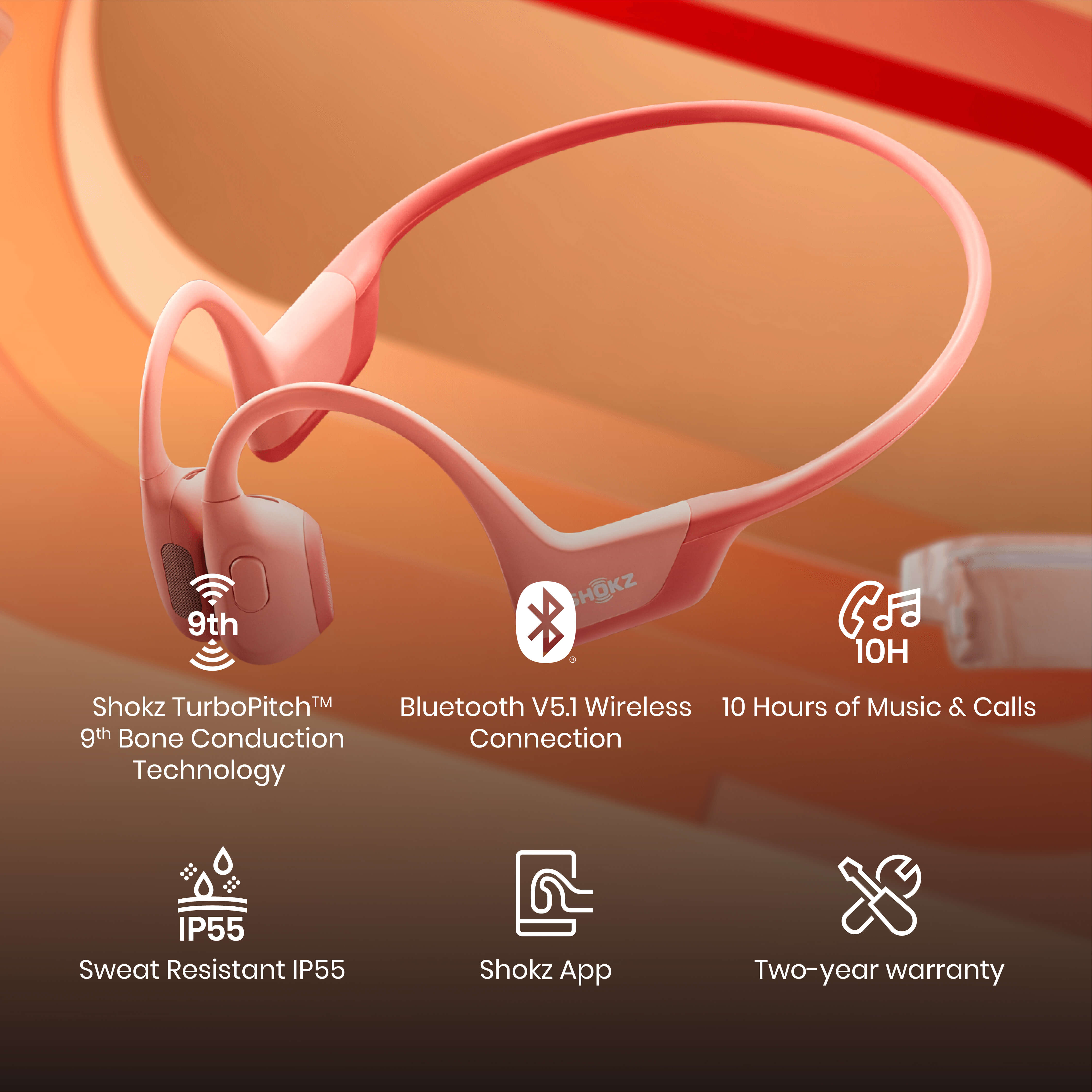 Cuffie a conduzione ossea Shokz rosa con grafica informativa.