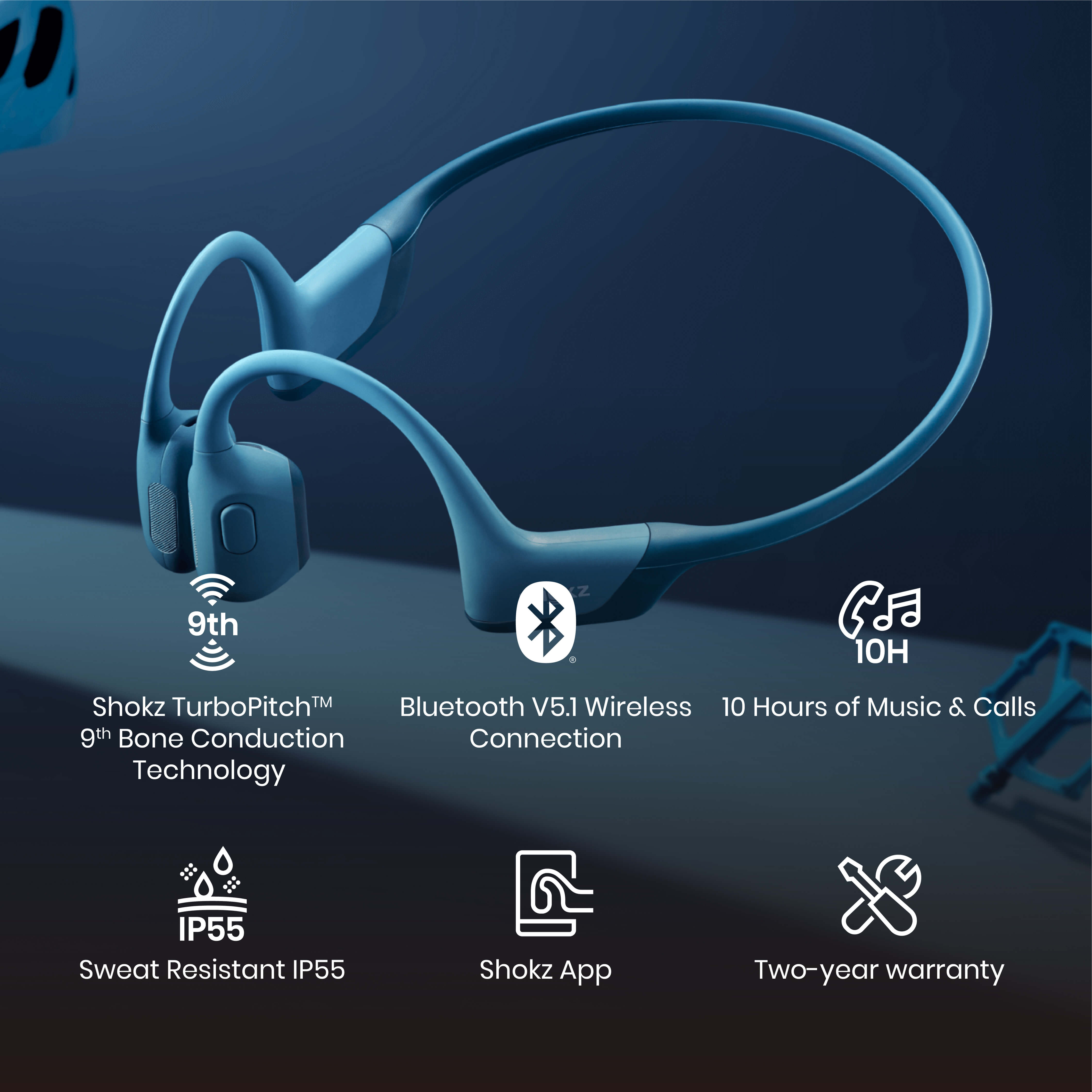 Cuffie a conduzione ossea blu con etichette di testo e icone, su sfondo blu.