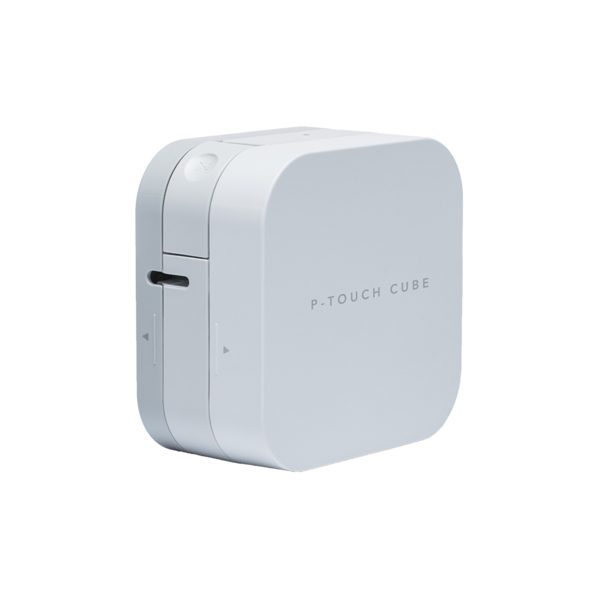 Étiqueteuse P-Touch Cube blanche. L'appareil est petit et en forme de cube, avec le nom de la marque dessus.