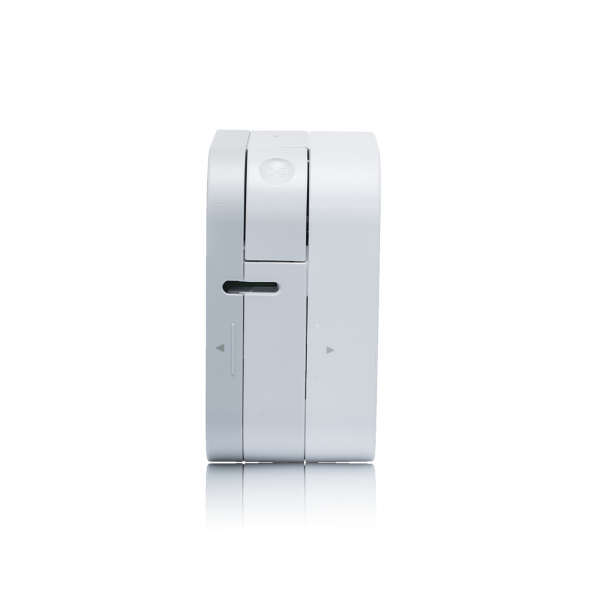 Un appareil électronique blanc empilable, probablement un appareil domestique intelligent, sur fond blanc.