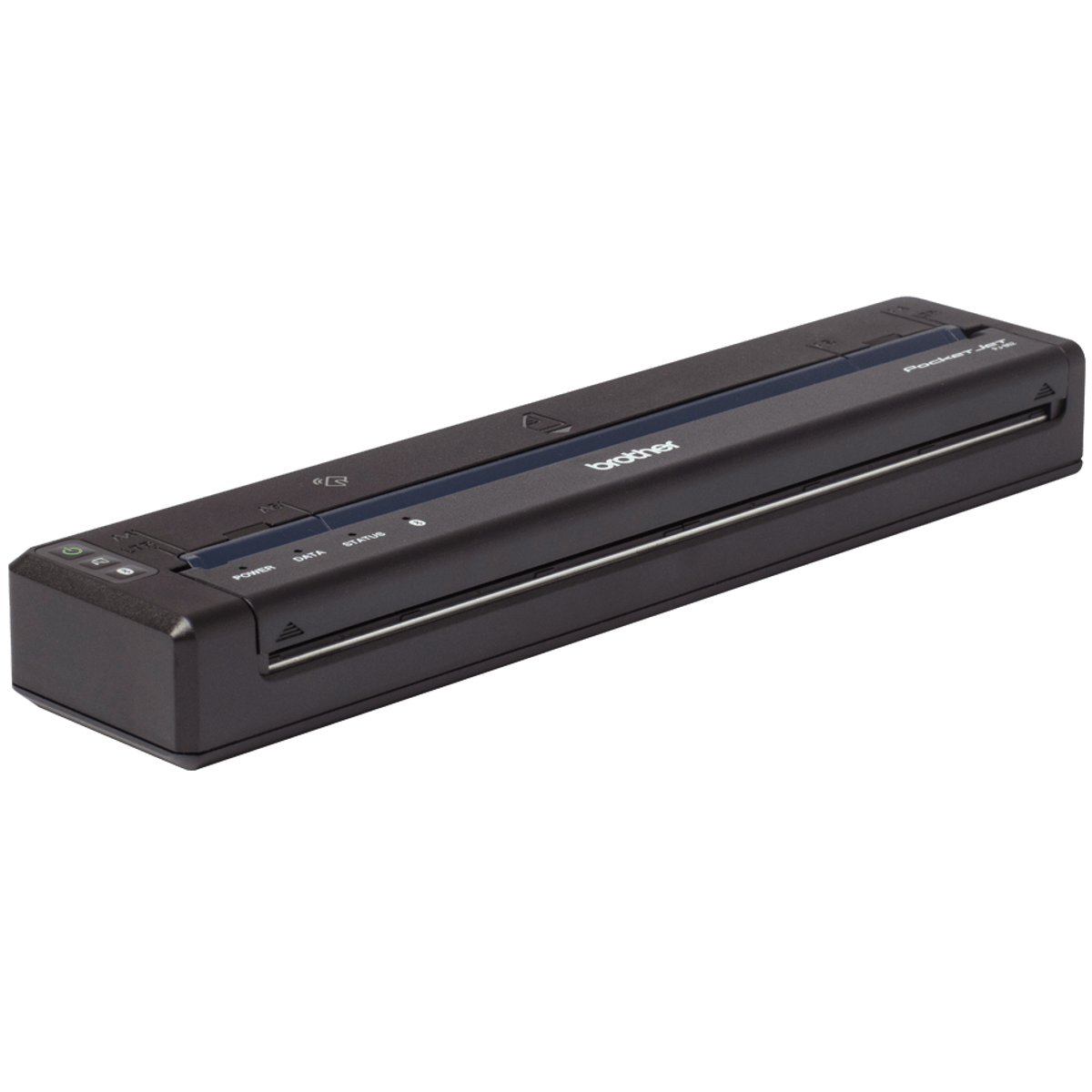 Impresora móvil Brother PocketJet negra, pequeña, rectangular. Luces de encendido, datos, estado.