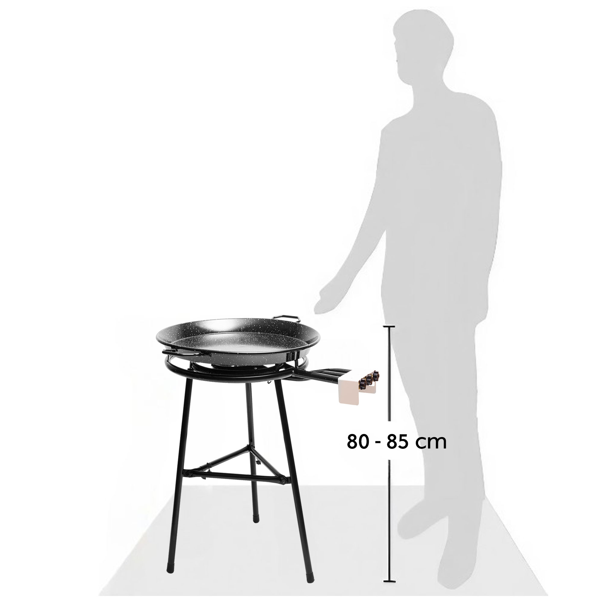 Eine Person steht neben einer Paella-Pfanne auf einem schwarzen Ständer. Höhe 80-85 cm.
