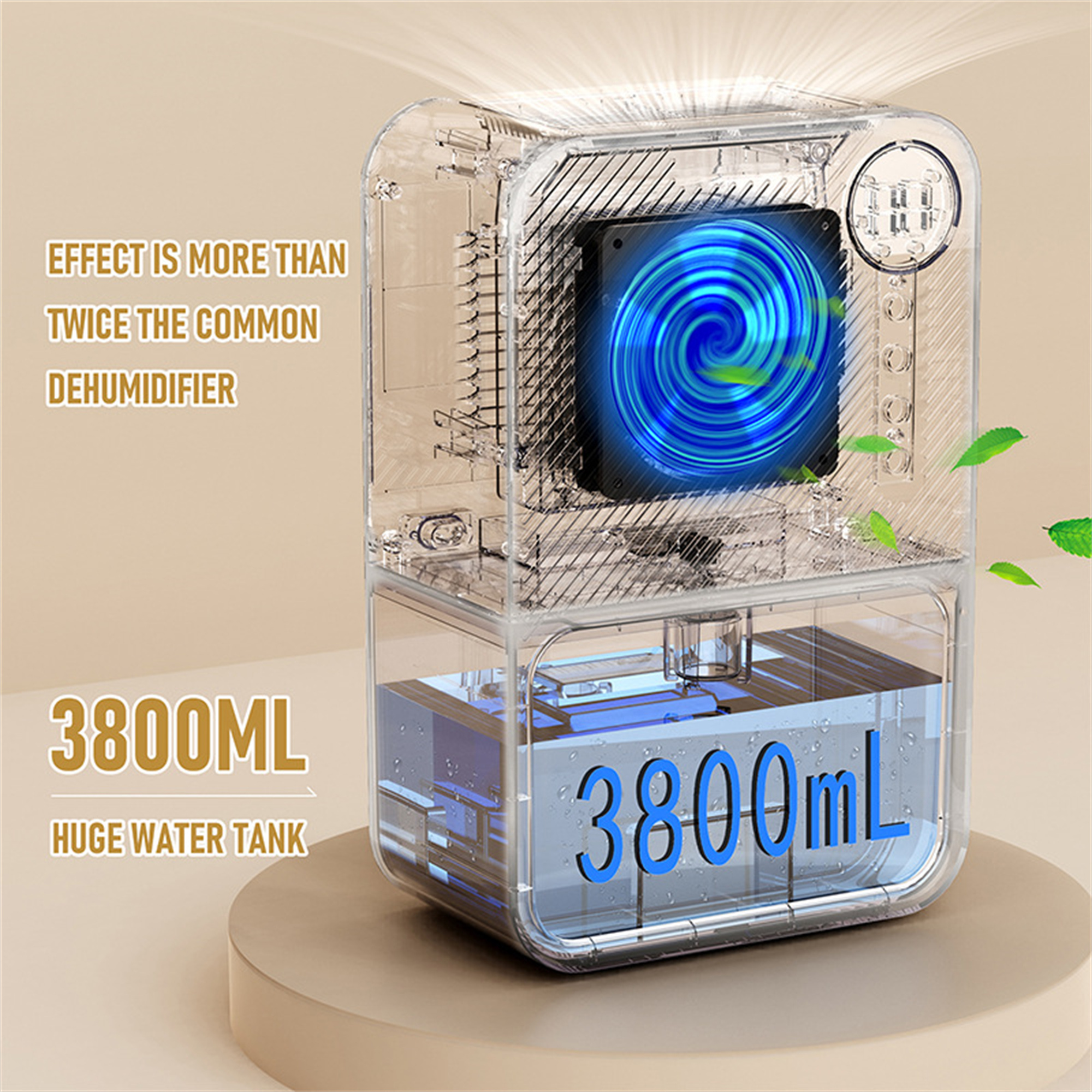 Transparenter Luftentfeuchter mit Ventilator und großem Wassertank.