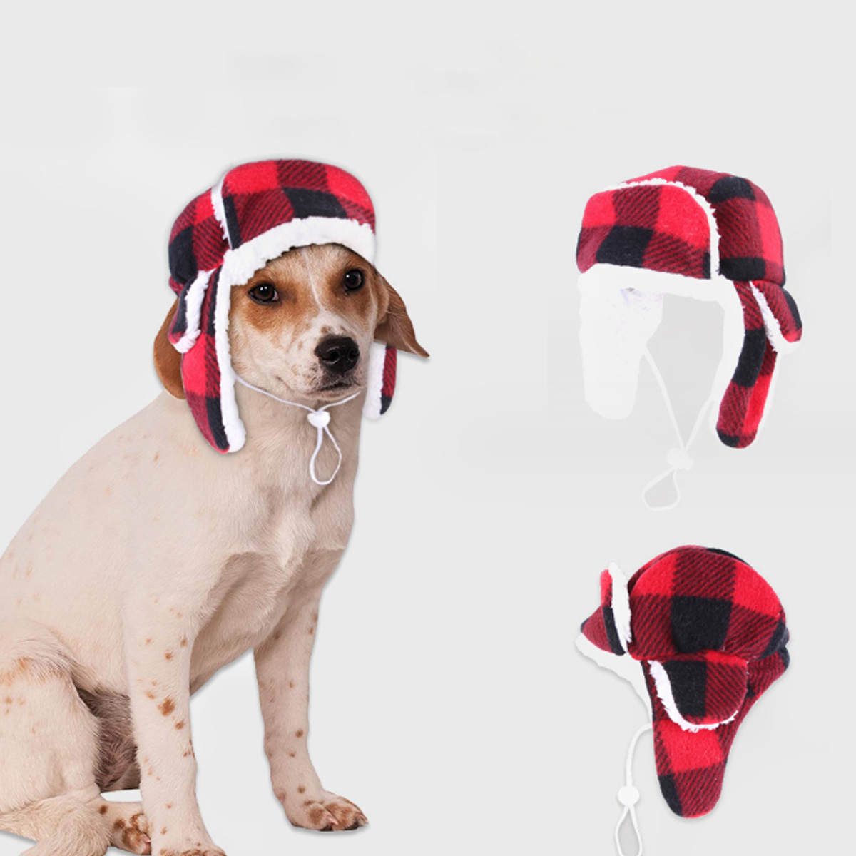 Hund mit rotem und schwarzem kariertem Hut, plus zwei weitere Hutansichten.