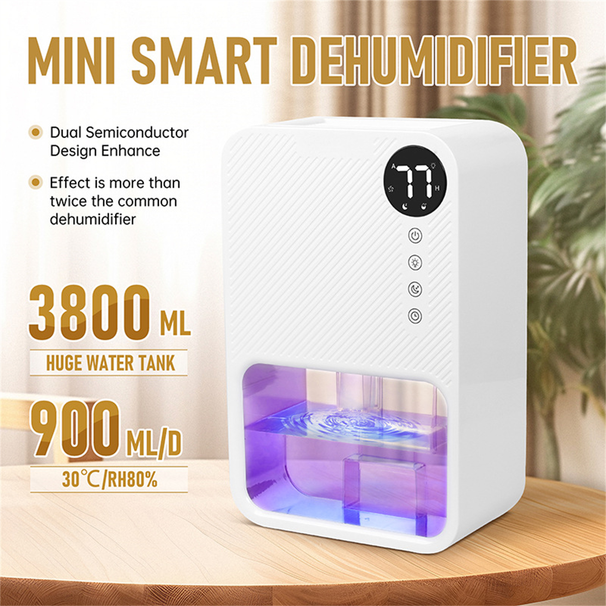 Weißer Mini-Luftentfeuchter mit Digitalanzeige und Wassertank mit lila Flüssigkeit.