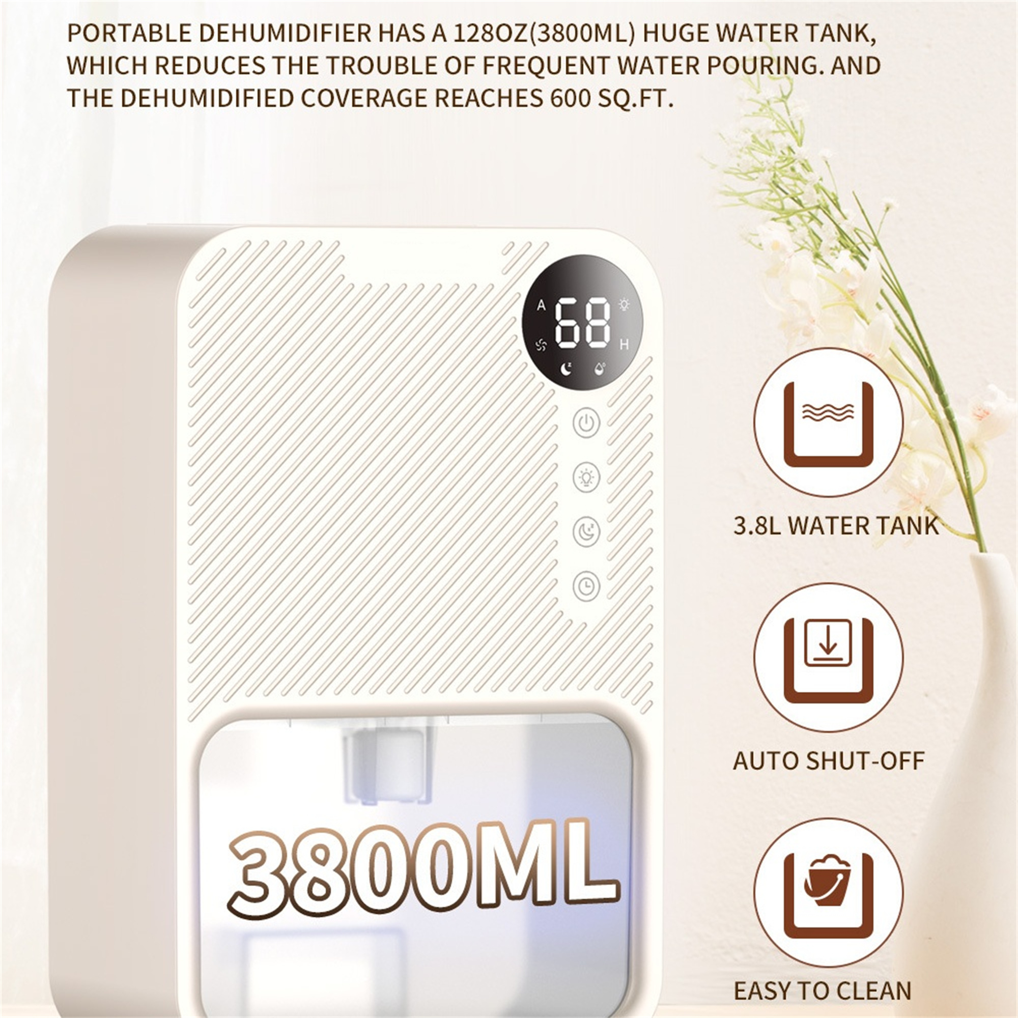 Weißer Luftentfeuchter mit Digitalanzeige, die '68' zeigt. Symbole zeigen Wassertank und automatische Abschaltung.