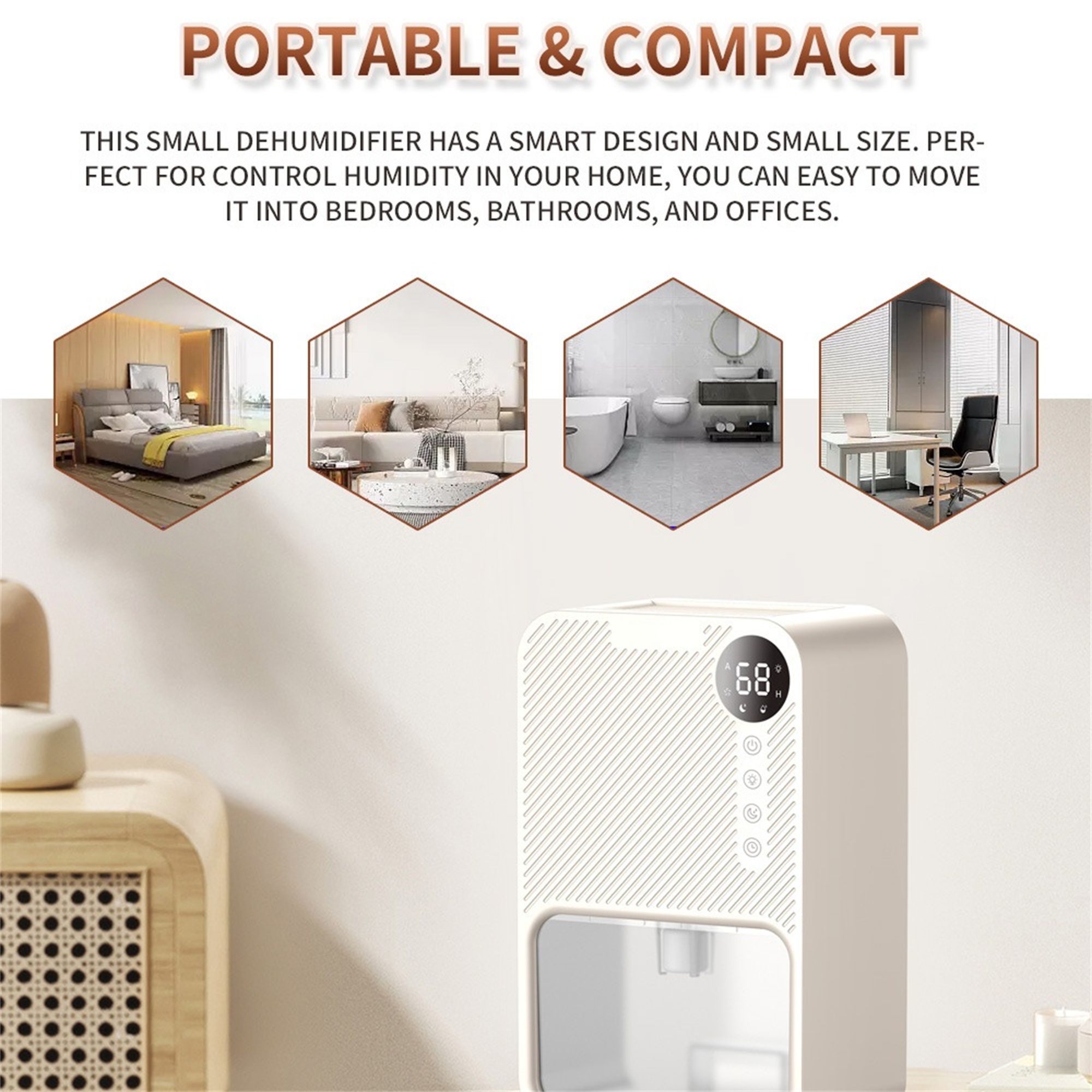 Weißer Luftentfeuchter mit Digitalanzeige und Raumbildern. Text: 'Portable & Compact'.