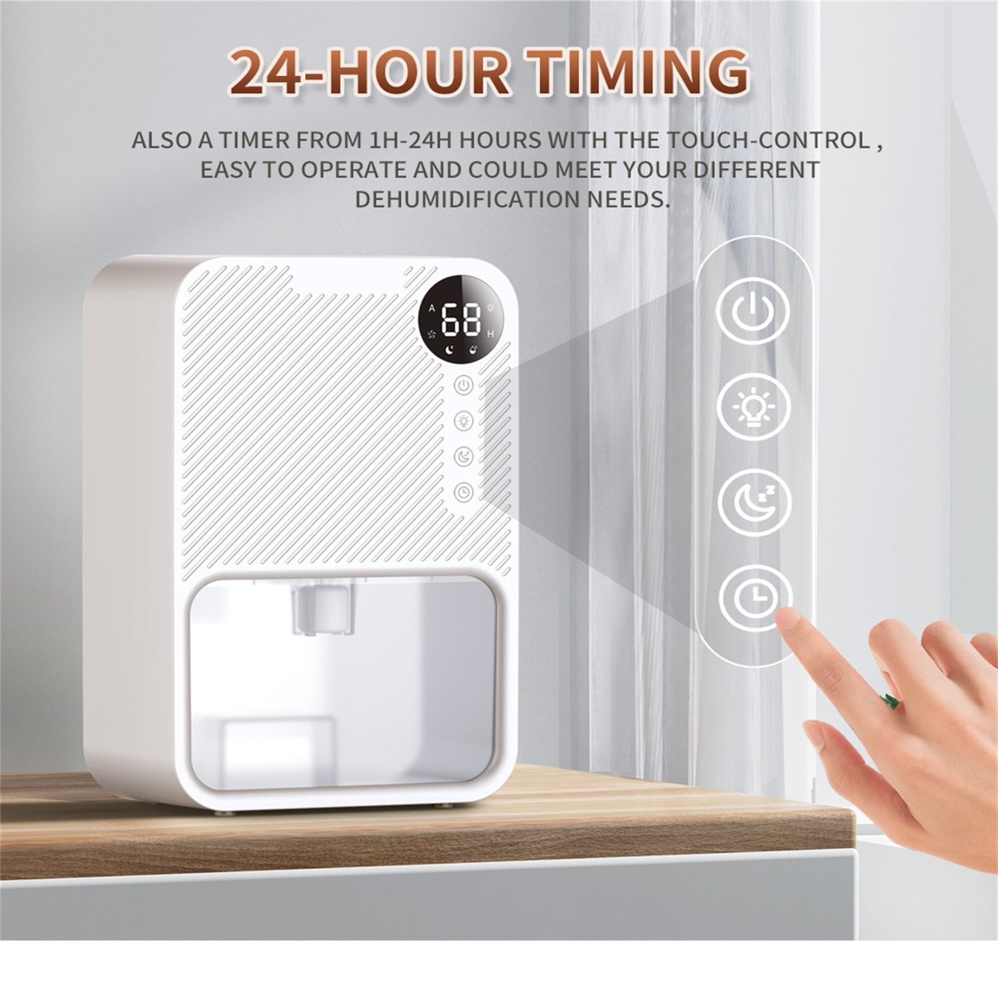 Weißer Luftentfeuchter mit Digitalanzeige, Hand berührt Touch-Bedienfeld auf Holzoberfläche.