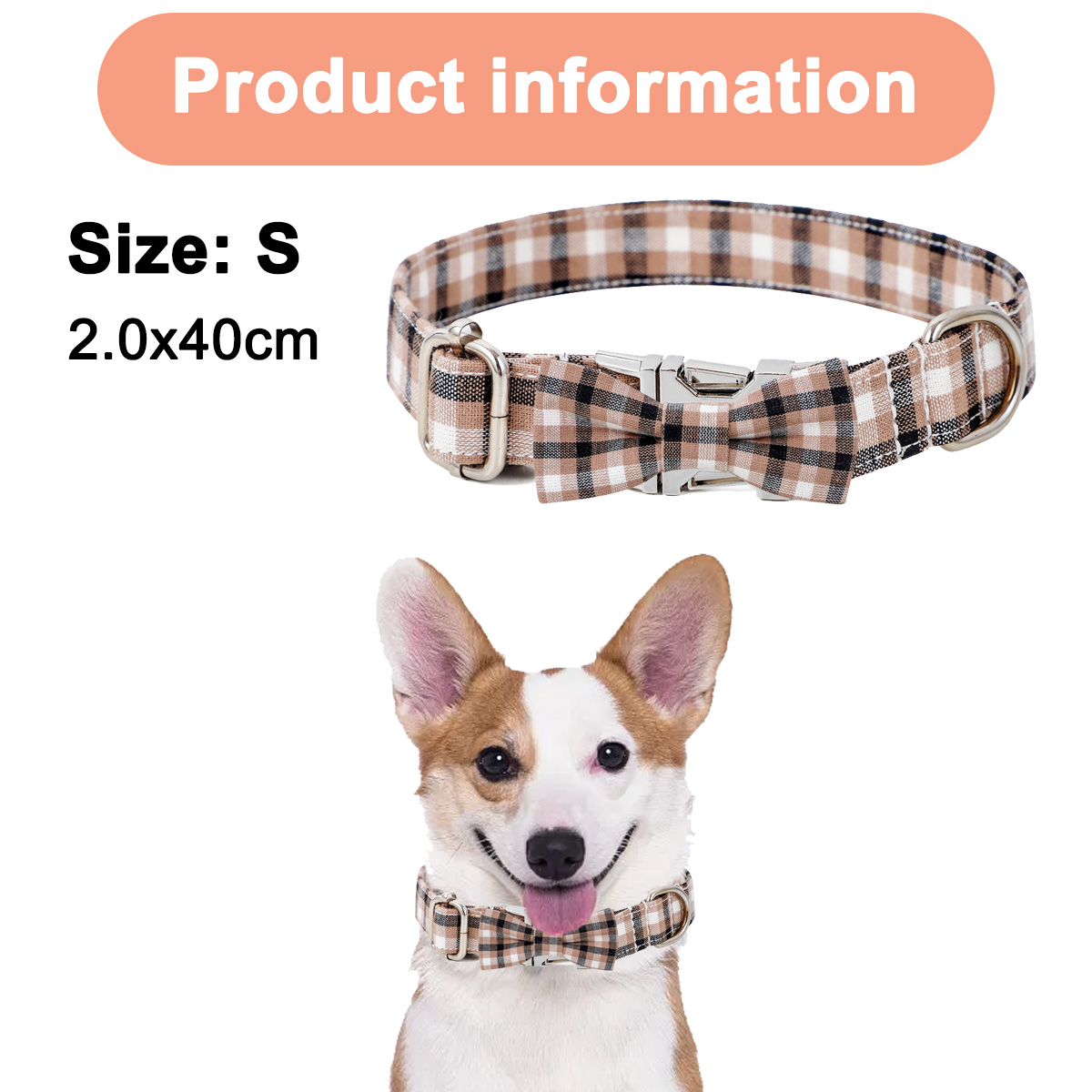 Ein Hund trägt ein kariertes Halsband und eine Fliege. Produktinformationen in der oberen linken Ecke.