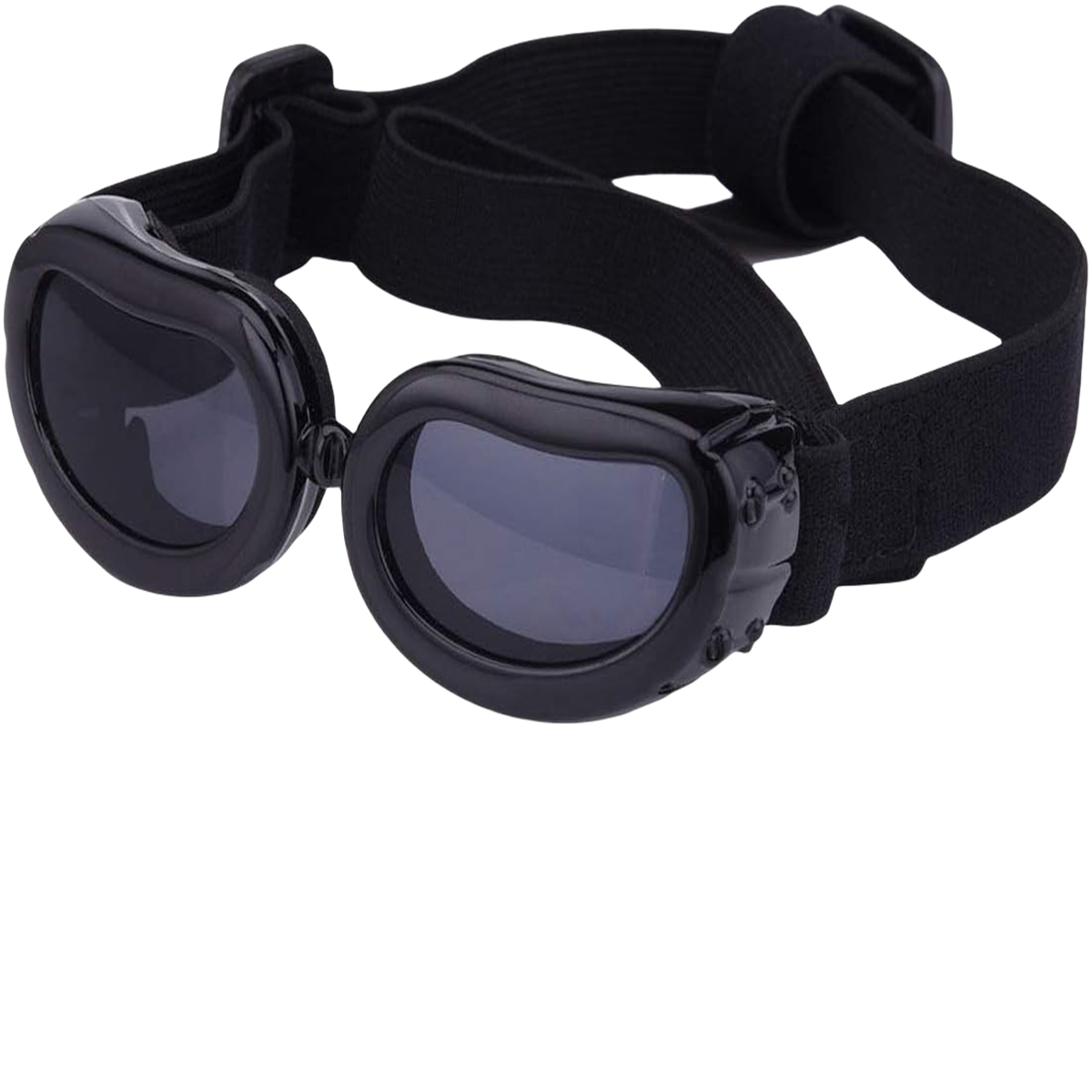 Schwarze Hundebrille mit getönten Gläsern und einem schwarzen Band. Die Brille ist auf schwarzem Hintergrund.