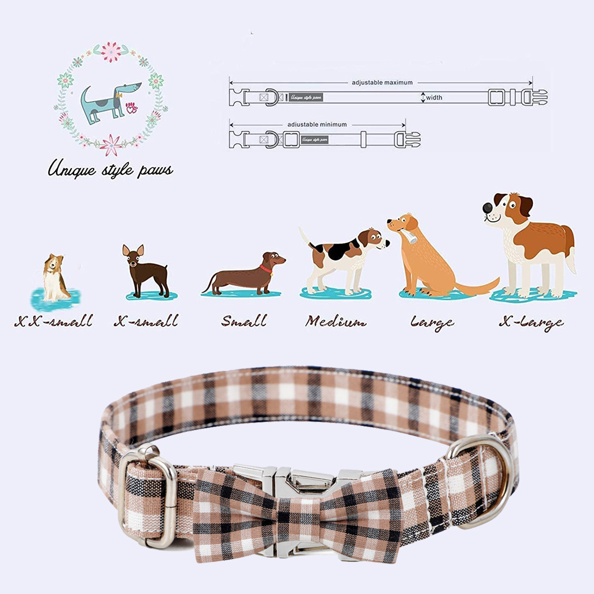 Ein Hundehalsband mit Fliege und eine Tabelle mit verschiedenen Größen für Hunde.