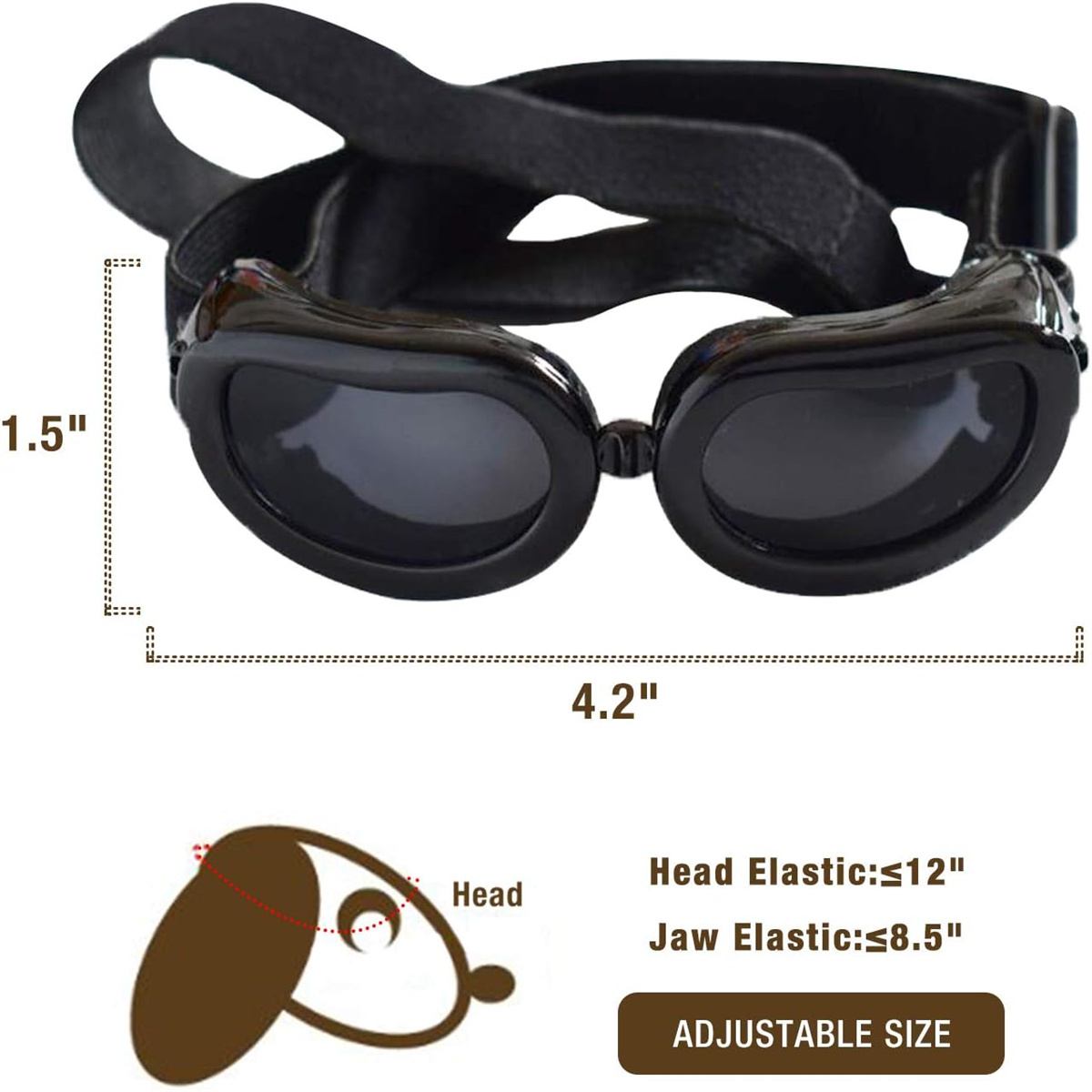 Schwarze Hundeglasker mit Maßen: 4,2" breit, 1,5" hoch, Kopf-Elastik: ≤12", Kiefer-Elastik: ≤8,5".