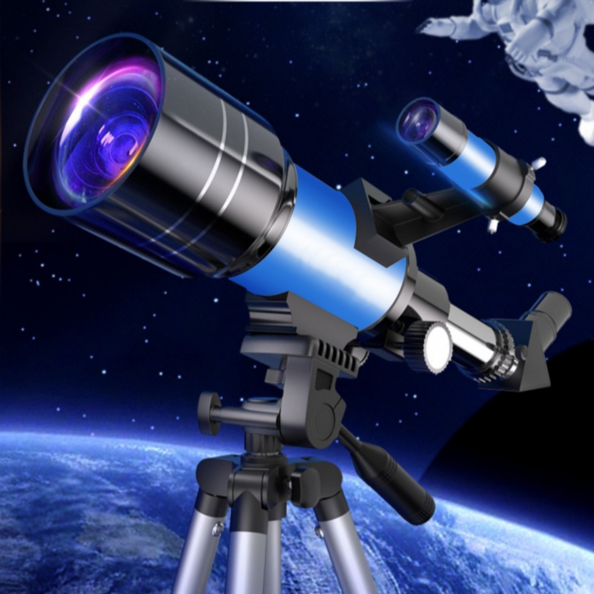 Blaues und silbernes Teleskop auf Stativ vor Weltraumhintergrund. Zwei Linsen. Schwarzer Himmel.