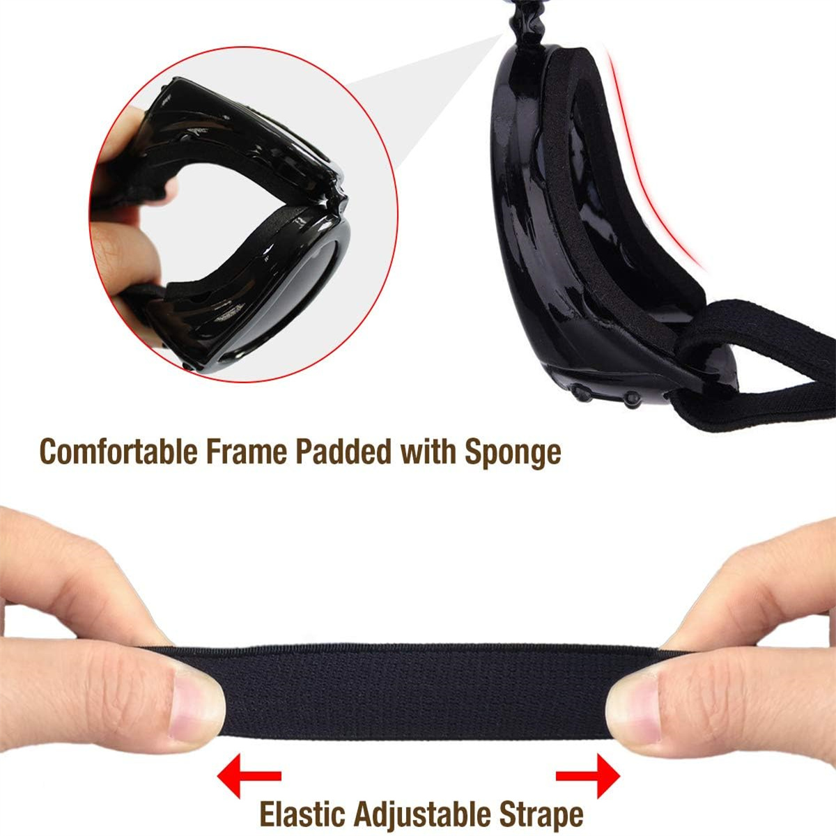 Schwarze Hundebrille, elastischer Riemen. Text: Bequemer Rahmen mit Schwamm gepolstert.