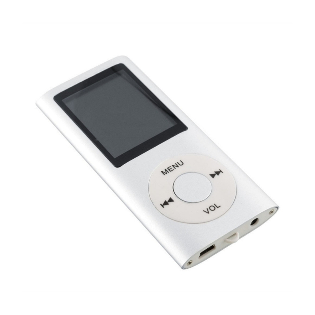 Silberner MP3-Player mit Bildschirm, Menü- und Lautstärketasten.