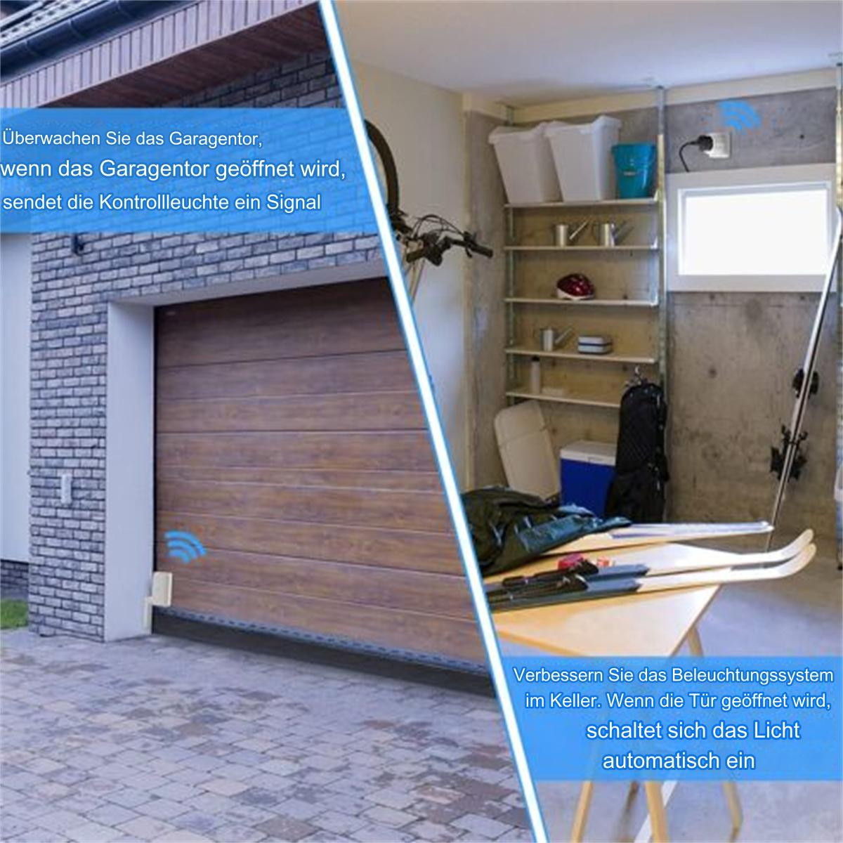 Garagentor mit Smart-Home-System. Texte auf dem Bild. Innenraum einer Garage mit Gegenständen.