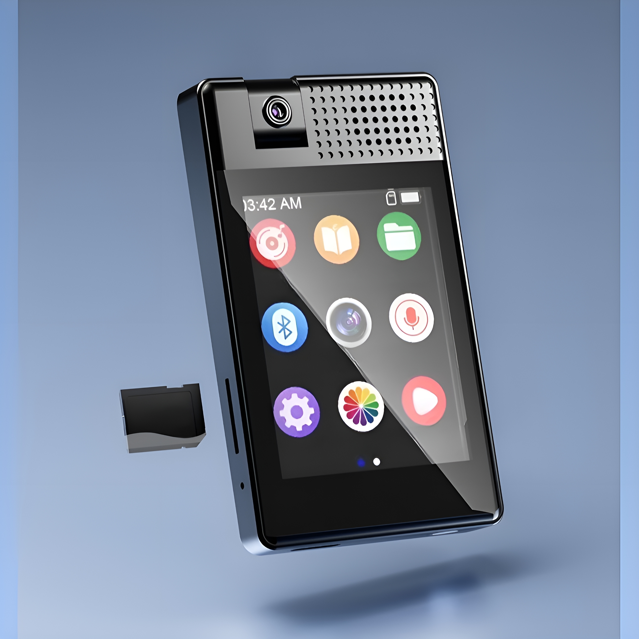 Schwarzes Telefon mit einem Bildschirm, der Symbole anzeigt. Daneben eine kleine SD-Karte.