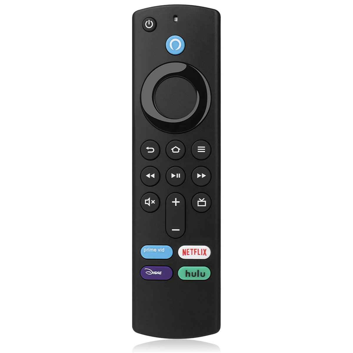 Schwarze Fernbedienung mit Tasten, einschließlich Ein/Aus, Navigation und Streaming-Diensten.