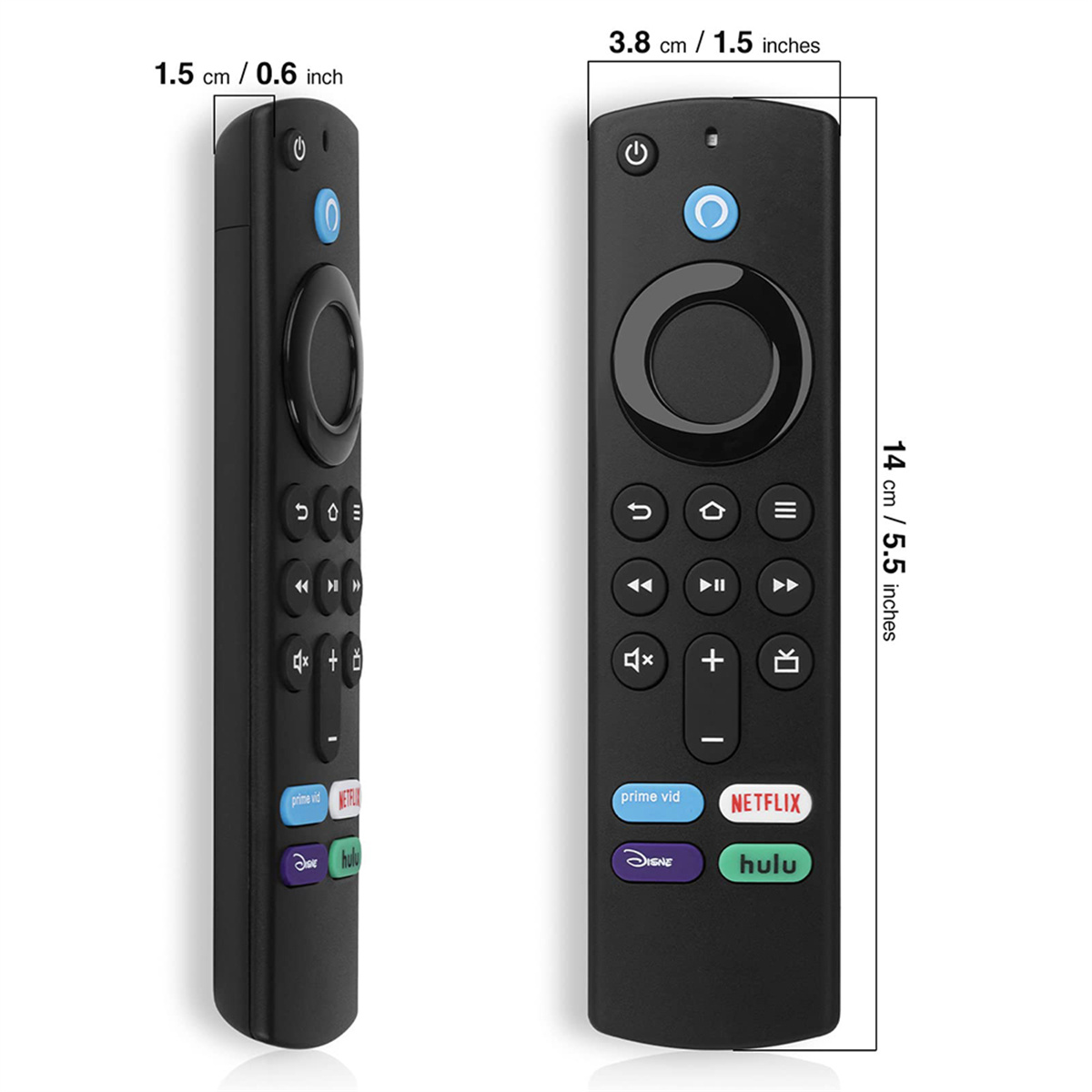 Zwei Ansichten einer schwarzen Fernbedienung für einen Fernseher, mit Tastenbeschriftungen und Abmessungen.