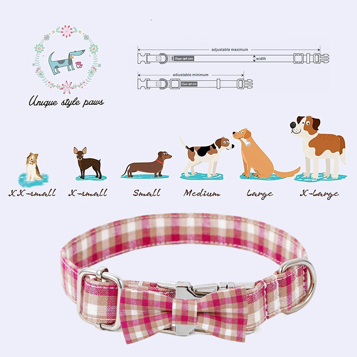 Hundehalsband mit rosa-weißem Karomuster, Schleife und Schnalle, Diagramm mit Hundegrößen.