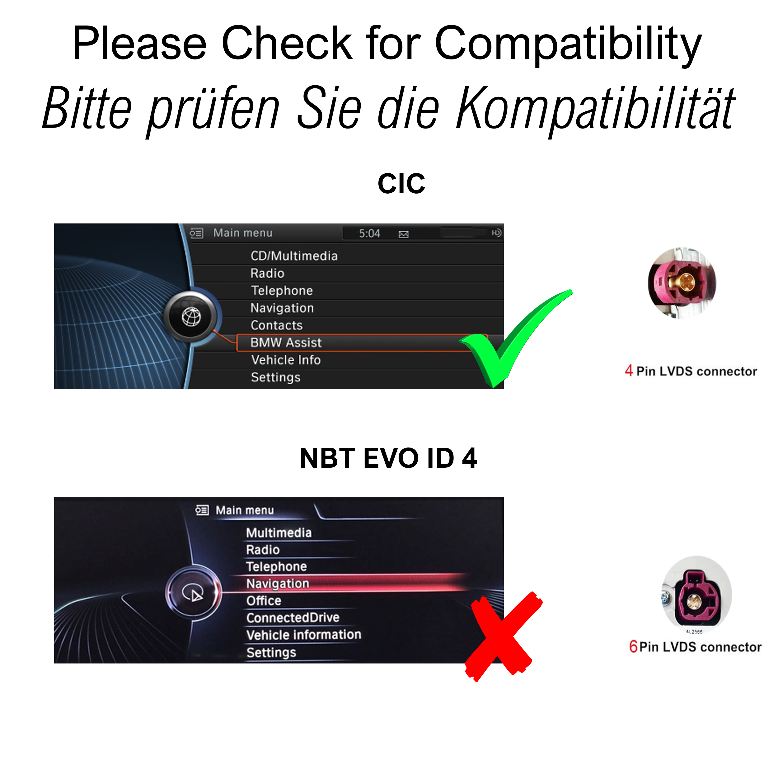Vergleich von Bildschirmen von Auto-Audiosystemen. Einer zeigt ein Häkchen, der andere ein rotes X.
