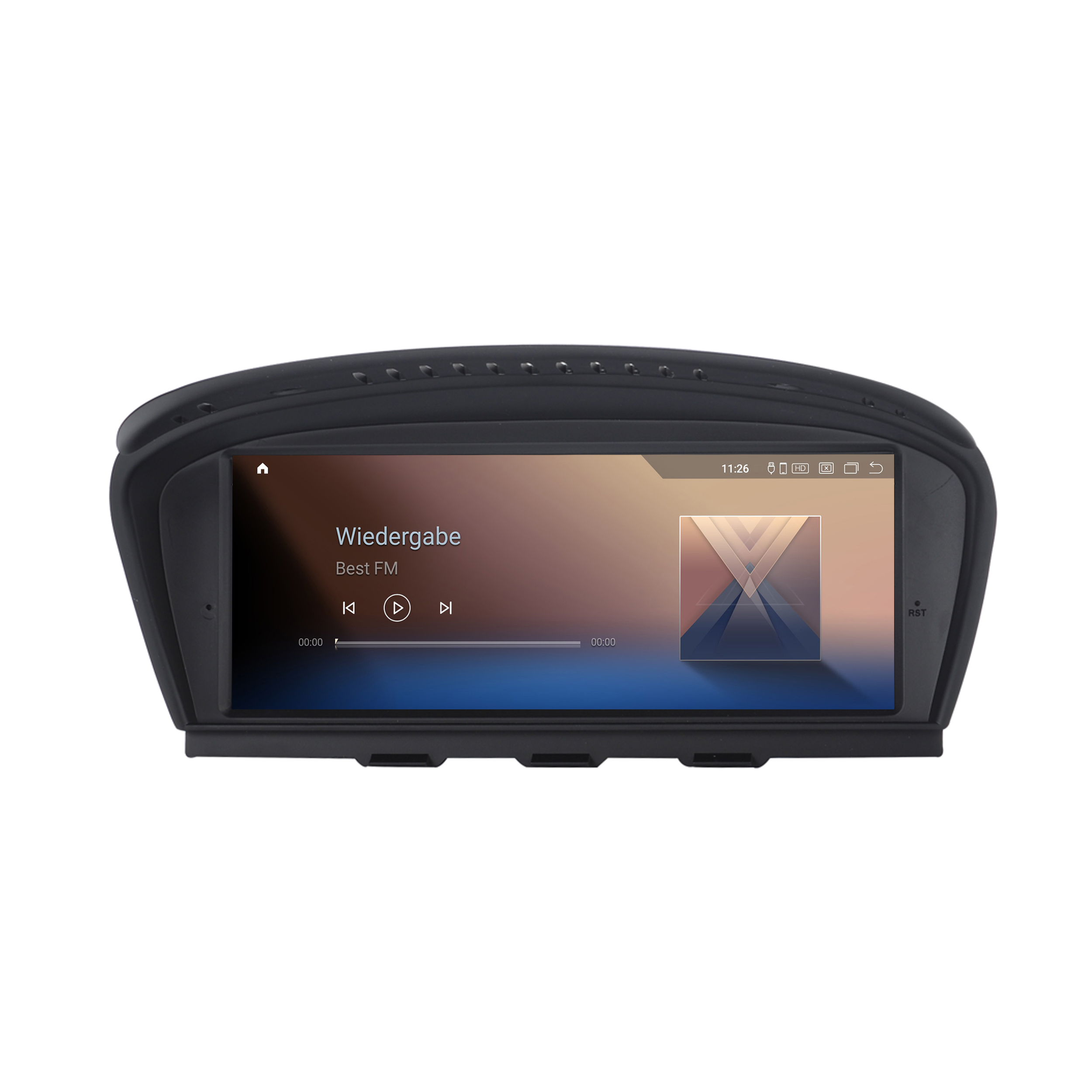 Bildschirm des Car-Multimedia-Systems, der Musikinformationen anzeigt. Knöpfe sind an der Seite.
