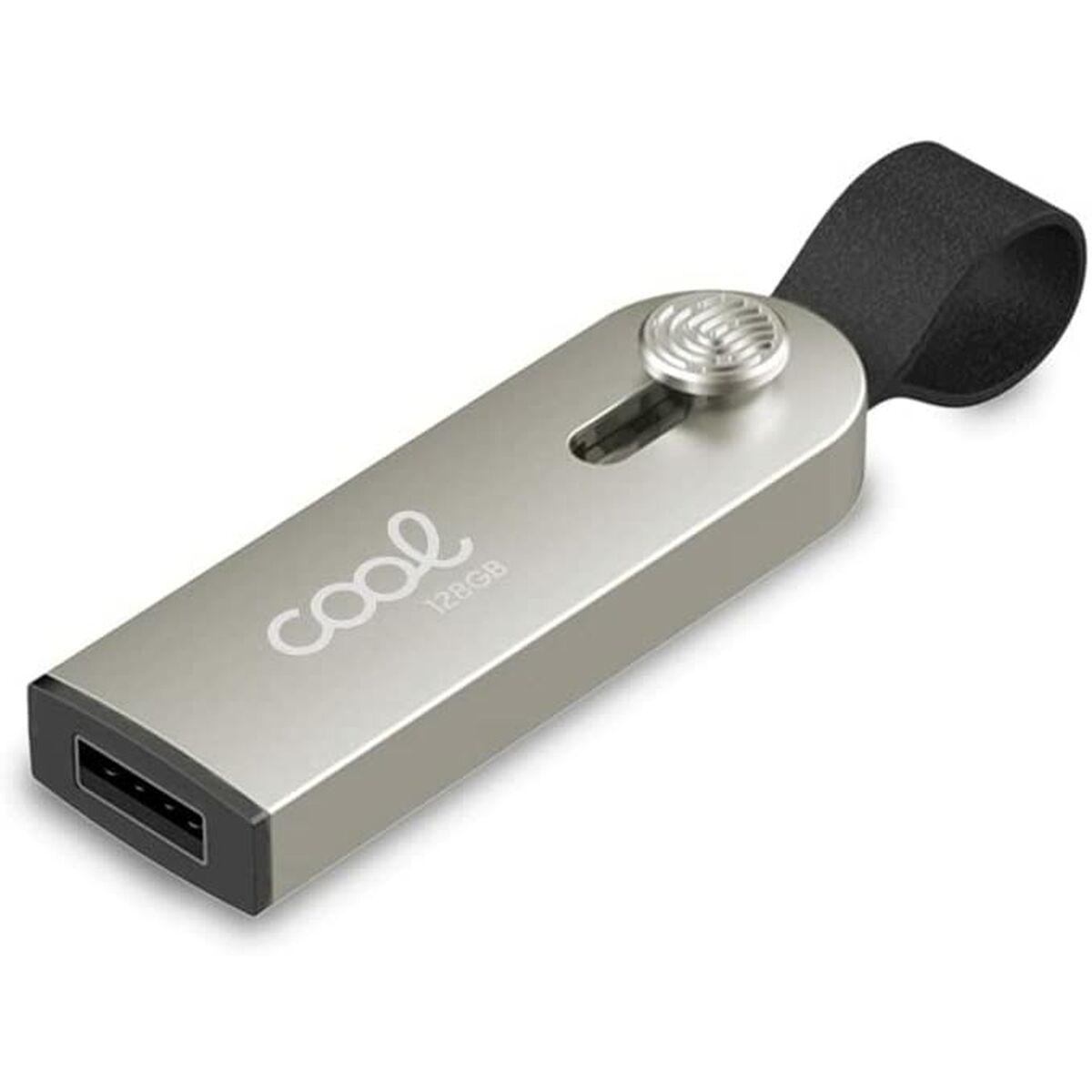 Una unidad flash USB plateada con una correa negra y la palabra 'cool' y '128GB'.