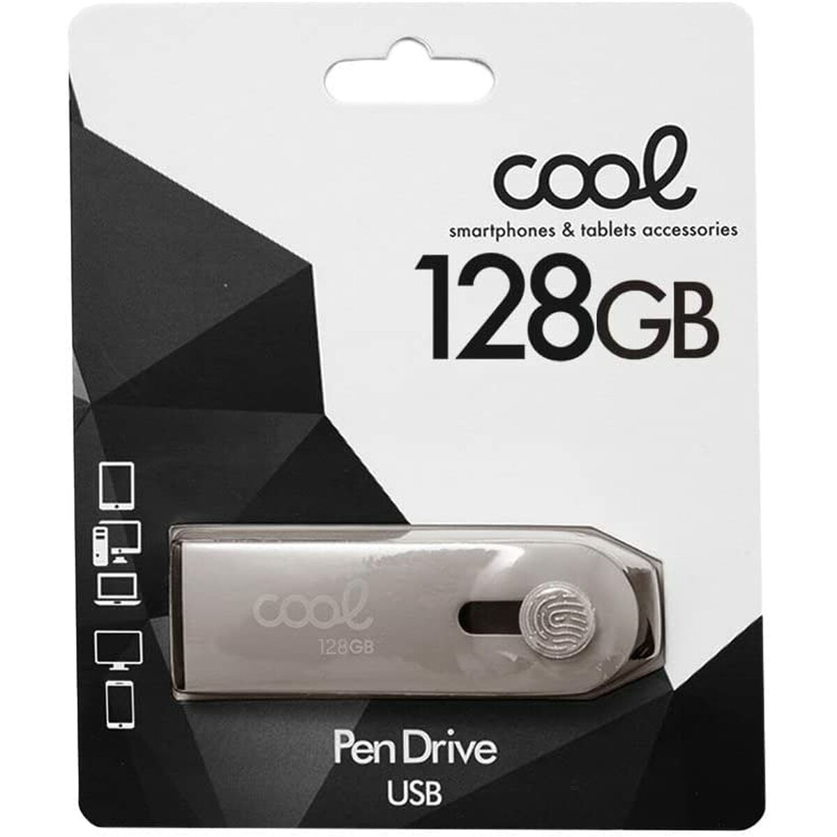 Unidad flash USB plateada y negra en embalaje. El texto dice "128GB" y "cool".