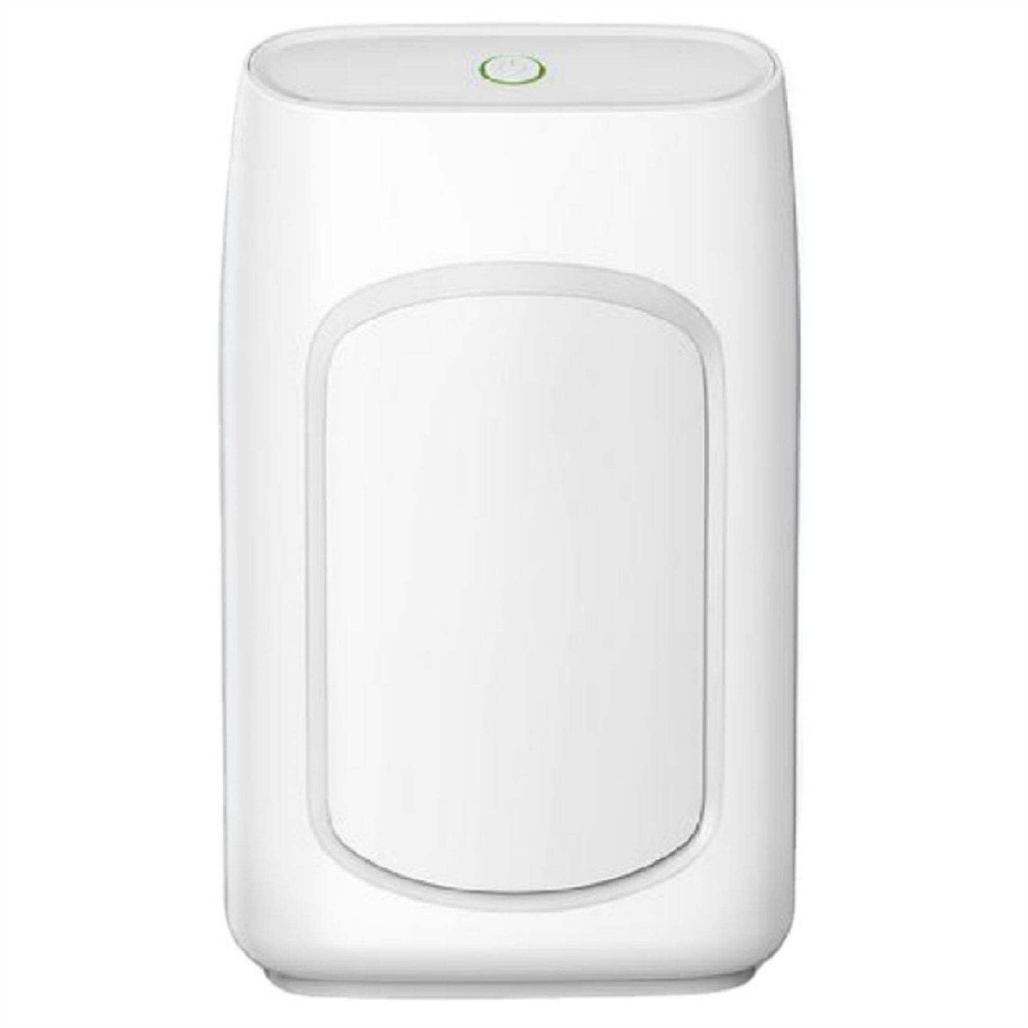Ein weißes, rechteckiges Smart-Gerät mit einem grünen Licht oben. Es hat eine abgerundete Form.