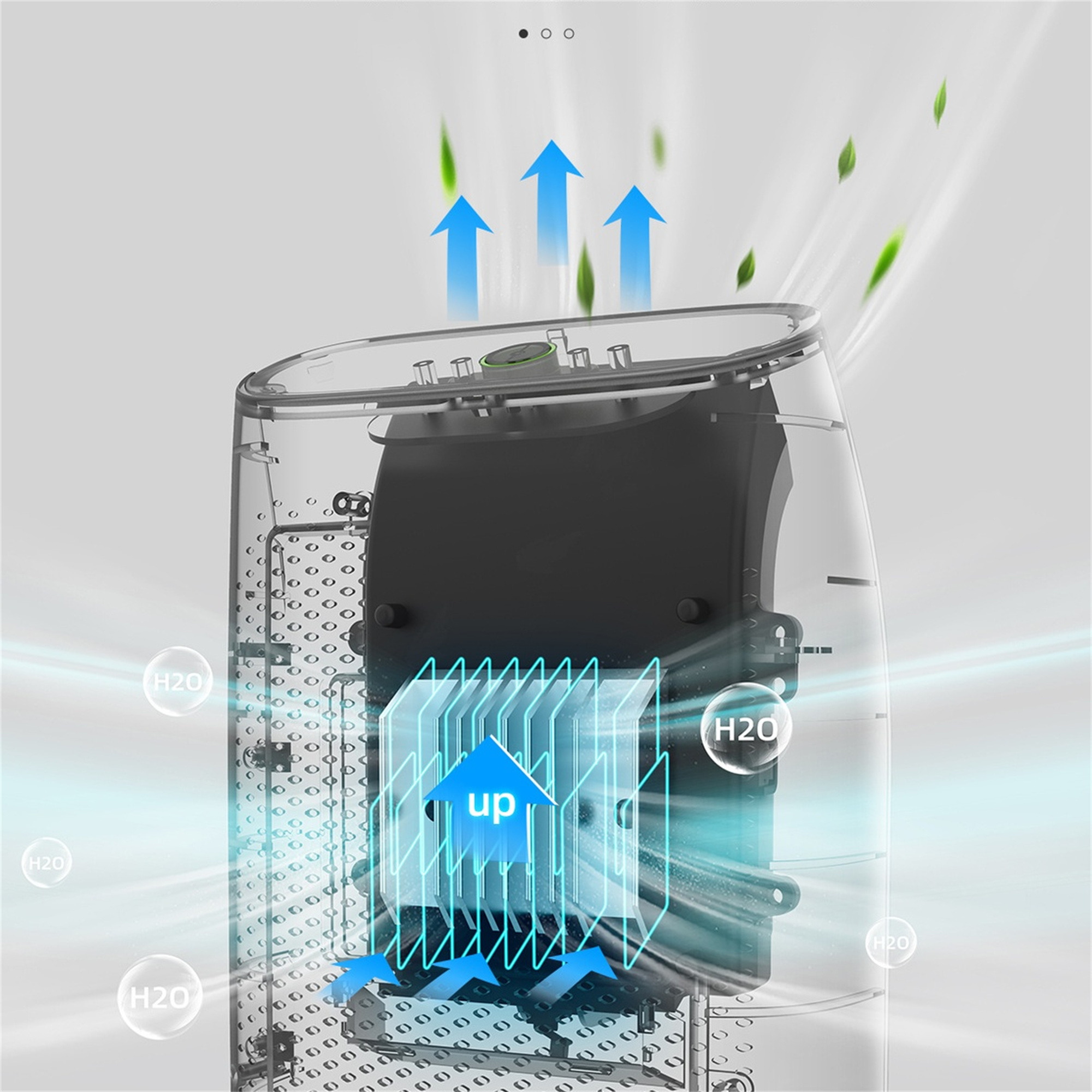 Ein transparenter Luftreiniger mit blauen Pfeilen, Wassertropfen und einer Illustration mit dem Wort "up".