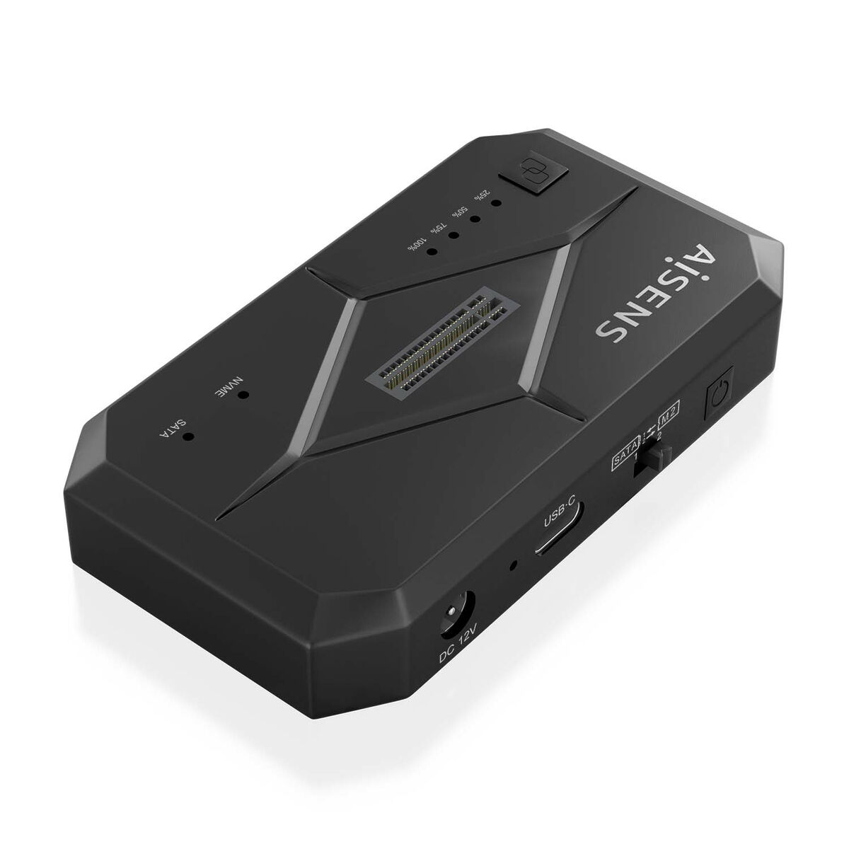 Ein schwarzes Gerät für die Datenübertragung. Es hat einen USB-C-Anschluss und der Markenname ist sichtbar.