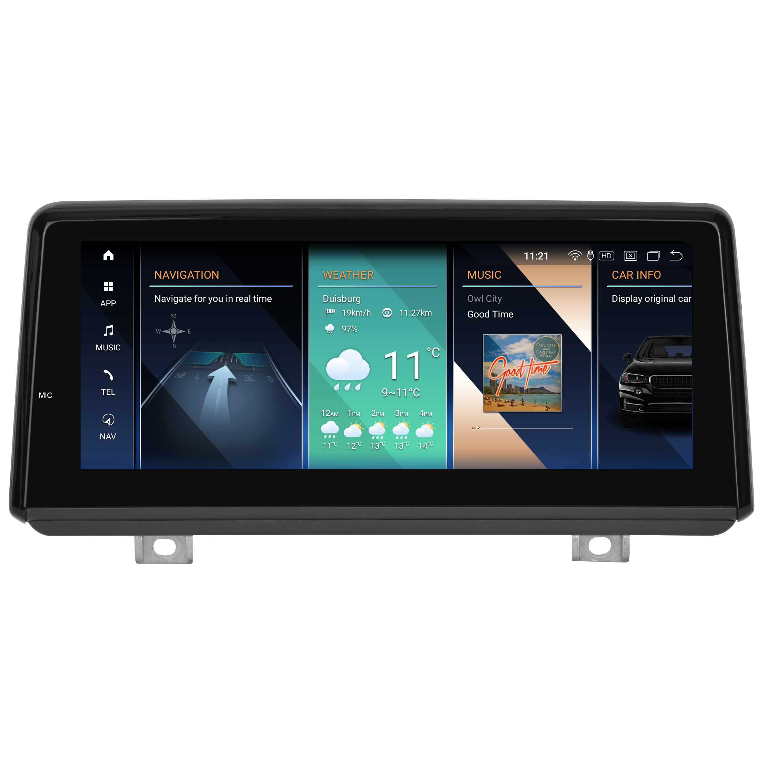 Auto-Armaturenbrett-Anzeige. Zeigt Navigation, Wetter, Musik und Auto-Info. Weißer Hintergrund.