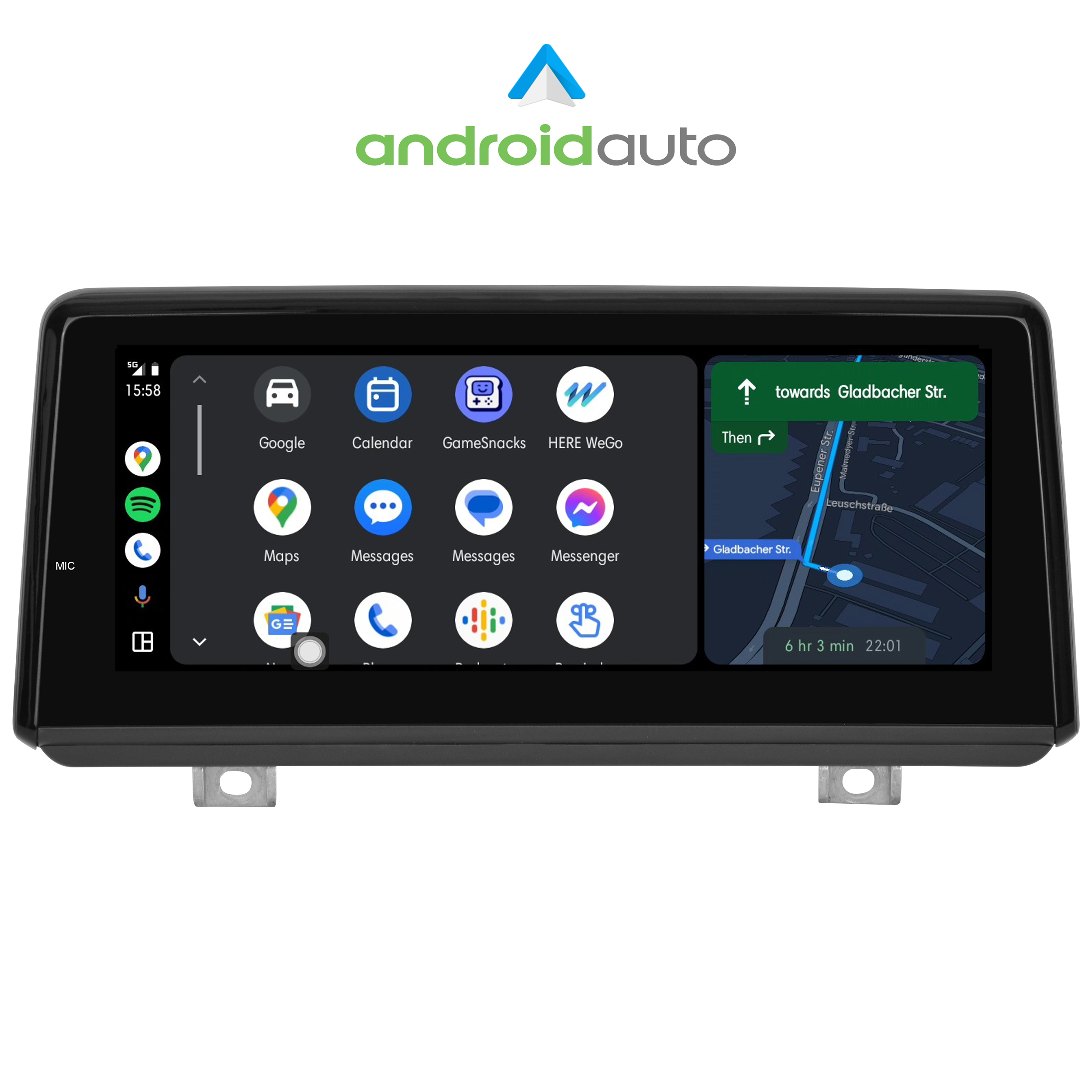 Auto-Infotainmentsystem mit Android Auto-Oberfläche, das Karten und Apps anzeigt.