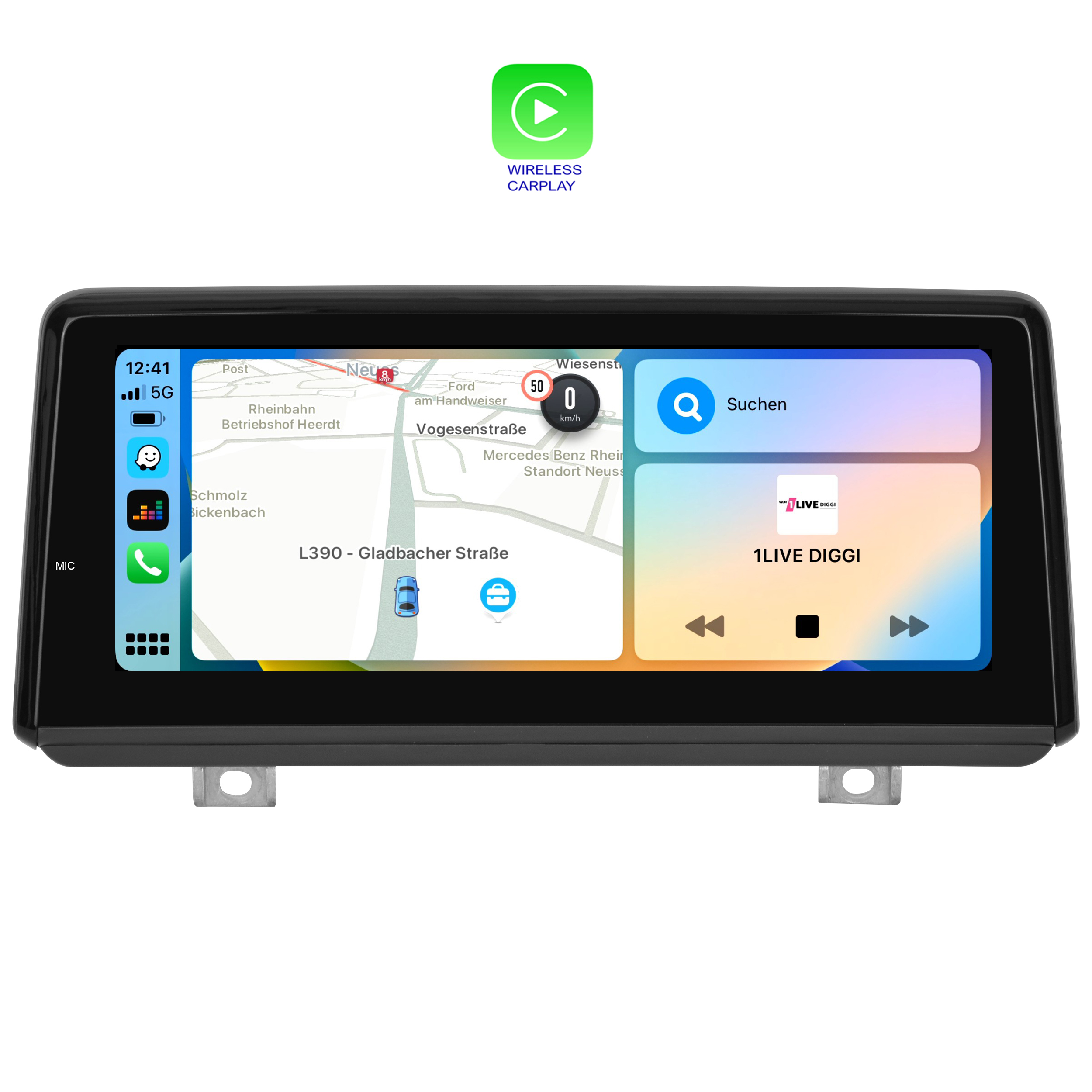 Auto-Infotainment-Bildschirm mit Karte, Radiobedienelementen und einem Wireless CarPlay-Logo.