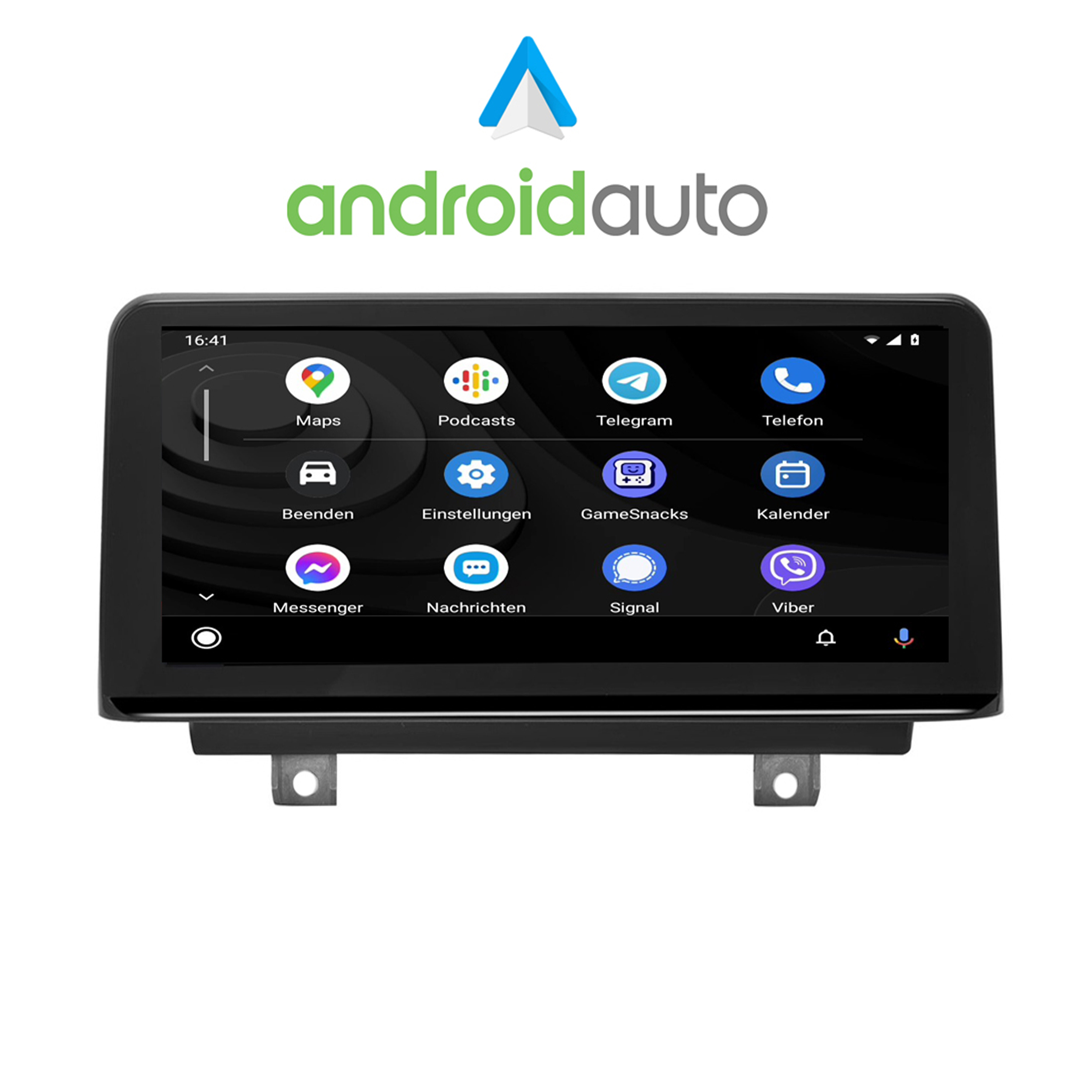 Android Auto Bildschirm, der App-Symbole zeigt: Karten, Podcasts, Messaging, Kalender usw.