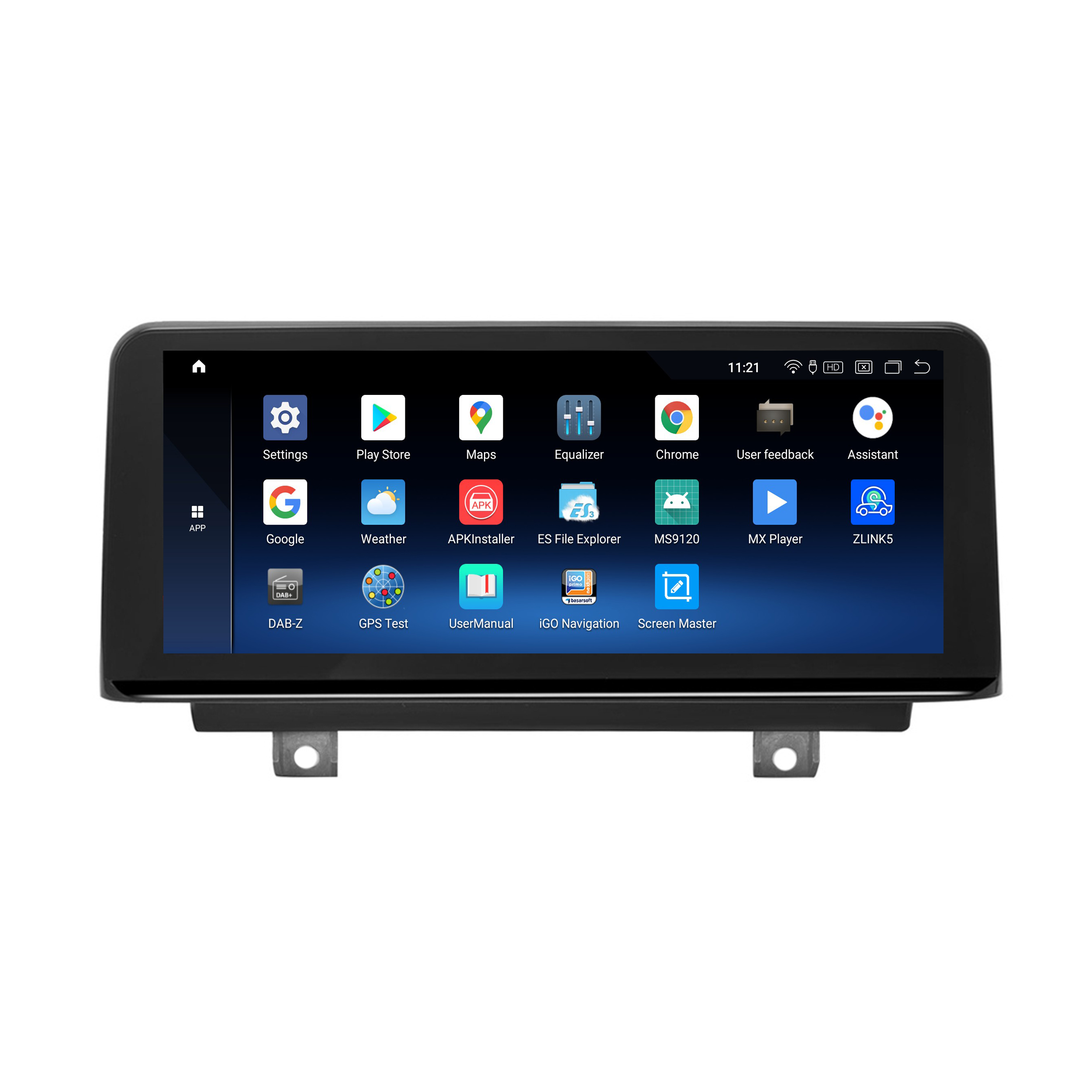 Car-Multimedia-Bildschirm mit App-Symbolen. Schwarzer Rahmen mit Apps wie Einstellungen, Karten und Chrome. Der Hintergrund ist weiß.