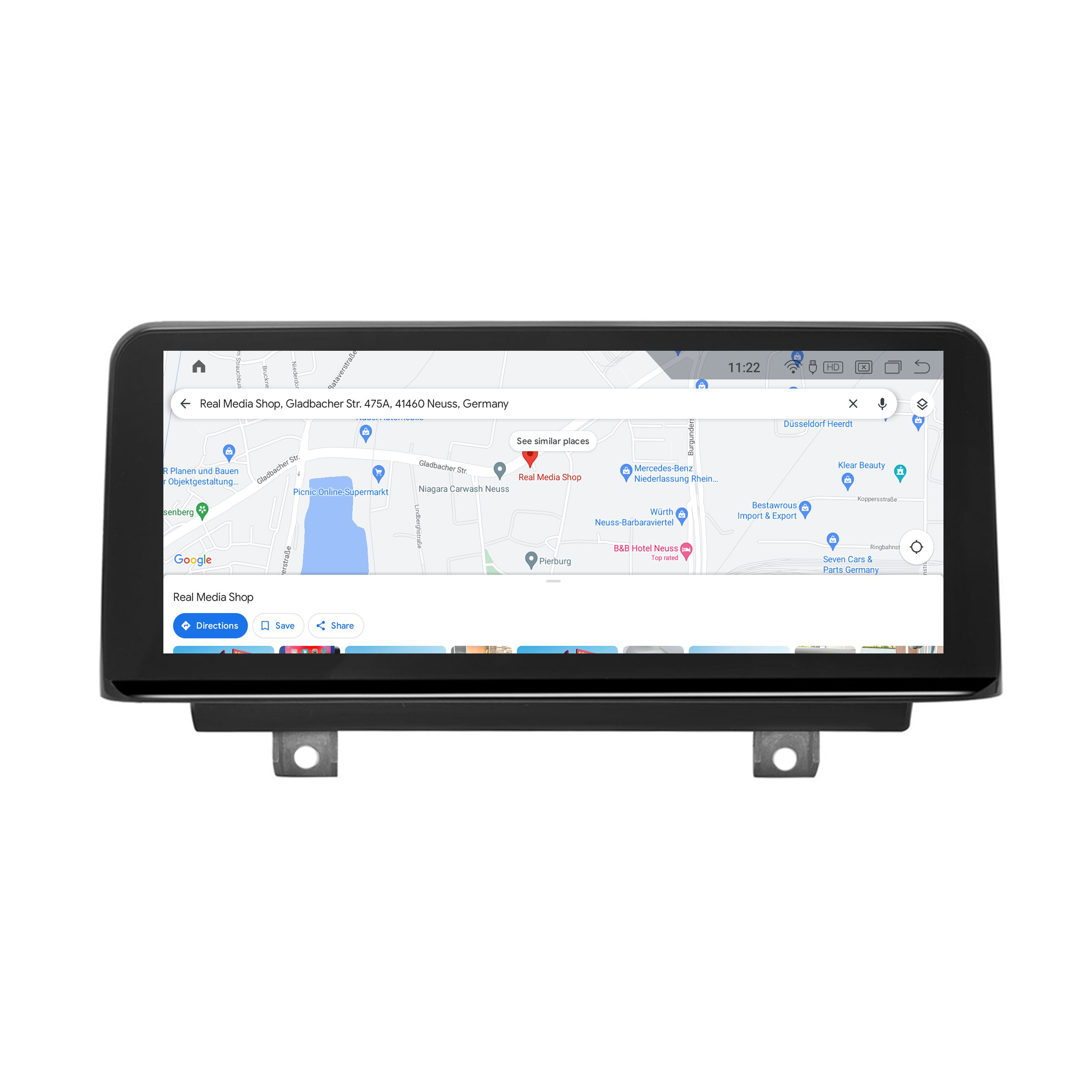 GPS-Navigationsbildschirm mit Karte, Markierung und Google Maps-Oberfläche.