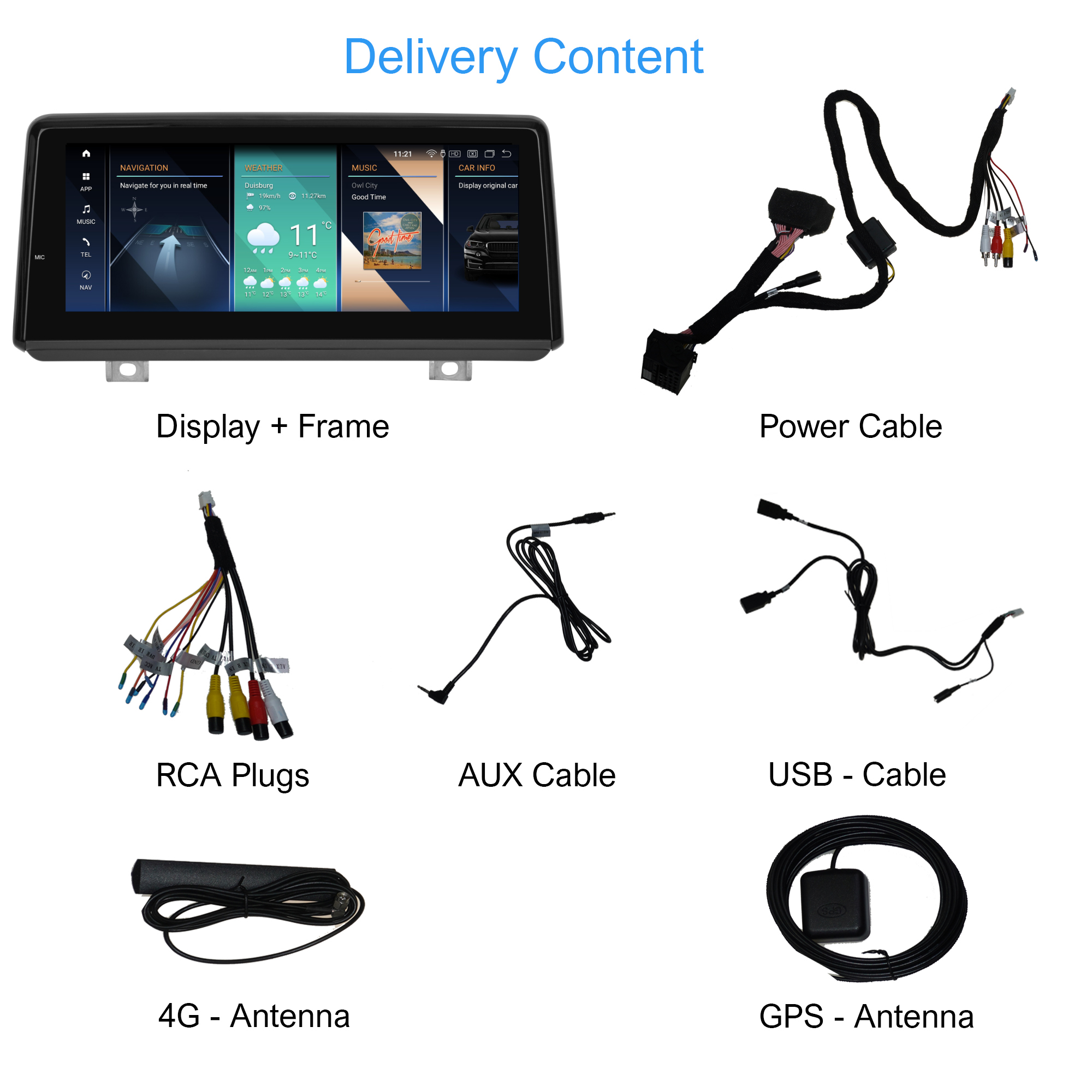 Auto-Display mit Kabeln und Zubehör: Display, Stromkabel, Cinch-Stecker, AUX, USB, 4G- und GPS-Antennen.
