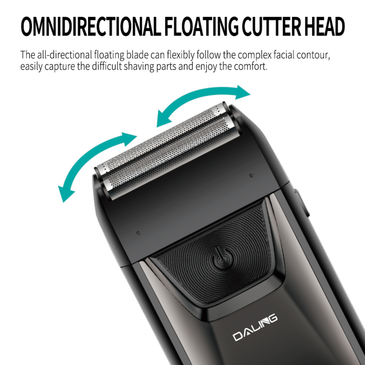 Schwarzer Elektrorasierer mit zwei rotierenden Klingen. Der Text lautet: Omnidirektionaler Floating Cutter Head.