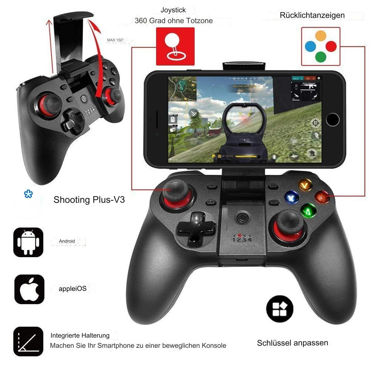 Schwarzer Gamecontroller mit angeschlossenem Telefon. Bildschirm zeigt Spieloberfläche. Tasten und Joystick sichtbar.