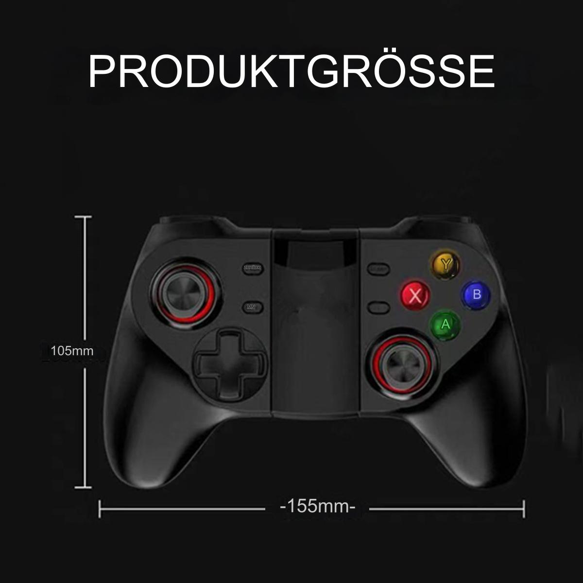 Schwarzer Gamecontroller mit farbigen Knöpfen und Abmessungen. Text: Produktgrösse.