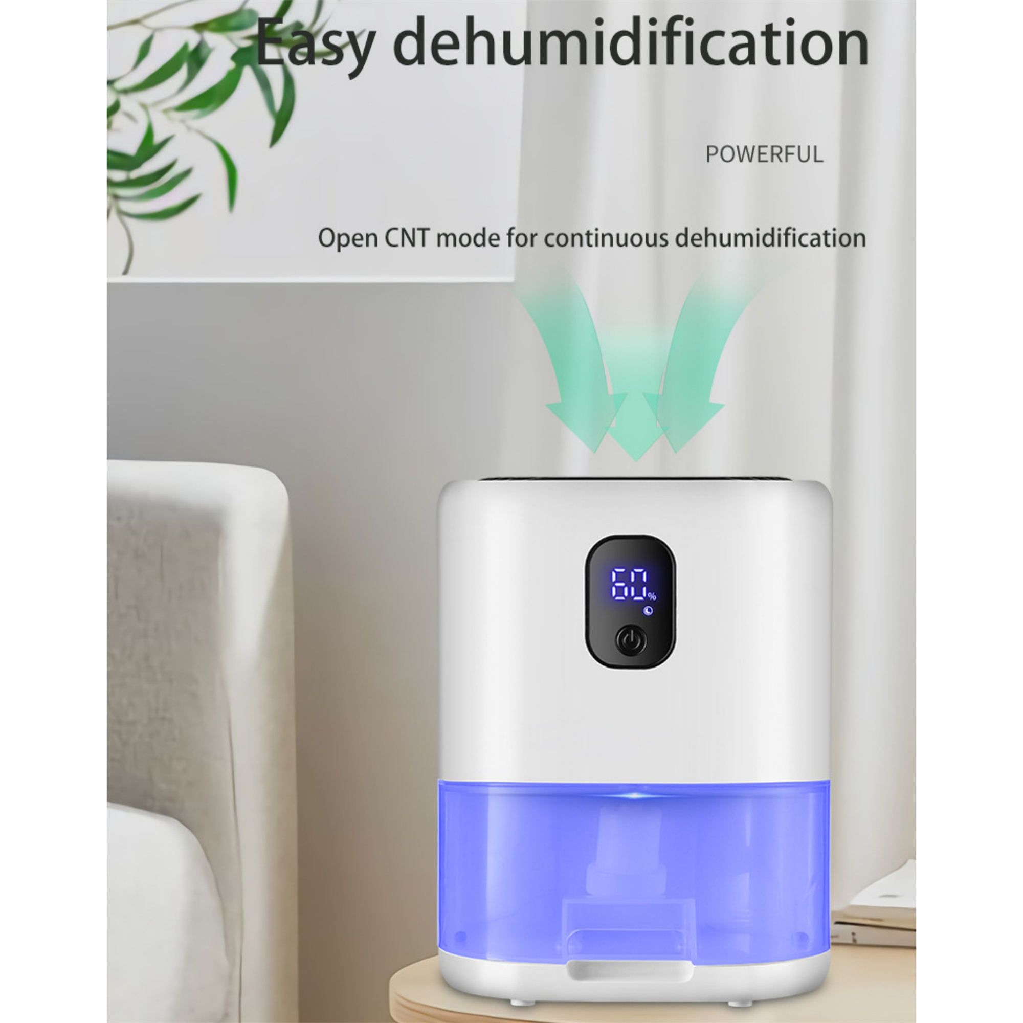 Weiß-blauer Luftentfeuchter. Zeigt das Gerät und den Text 'Easy dehumidification' mit Pfeilen, die den Luftstrom anzeigen.