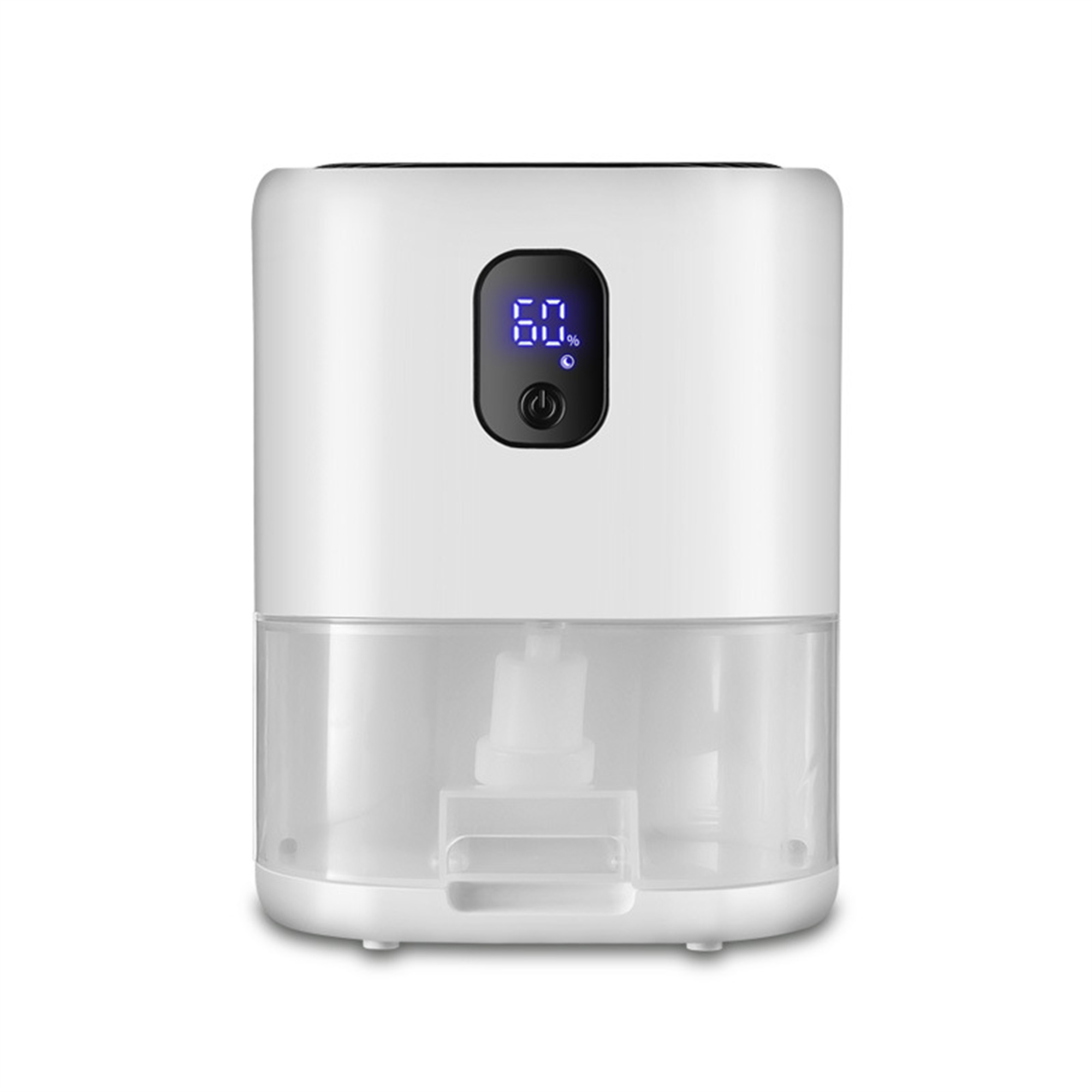 Weißer Luftentfeuchter mit digitaler Anzeige. Er hat einen Wassertank und einen Bedienknopf.