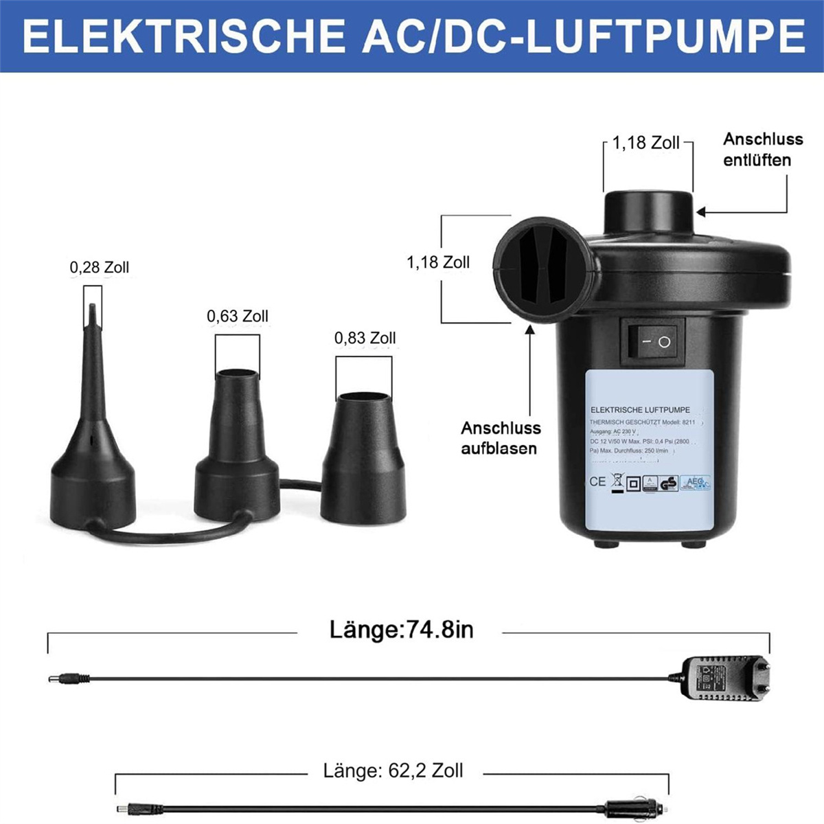 Schwarze elektrische Luftpumpe mit Aufsätzen. Längenmessungen und Text auf Deutsch.