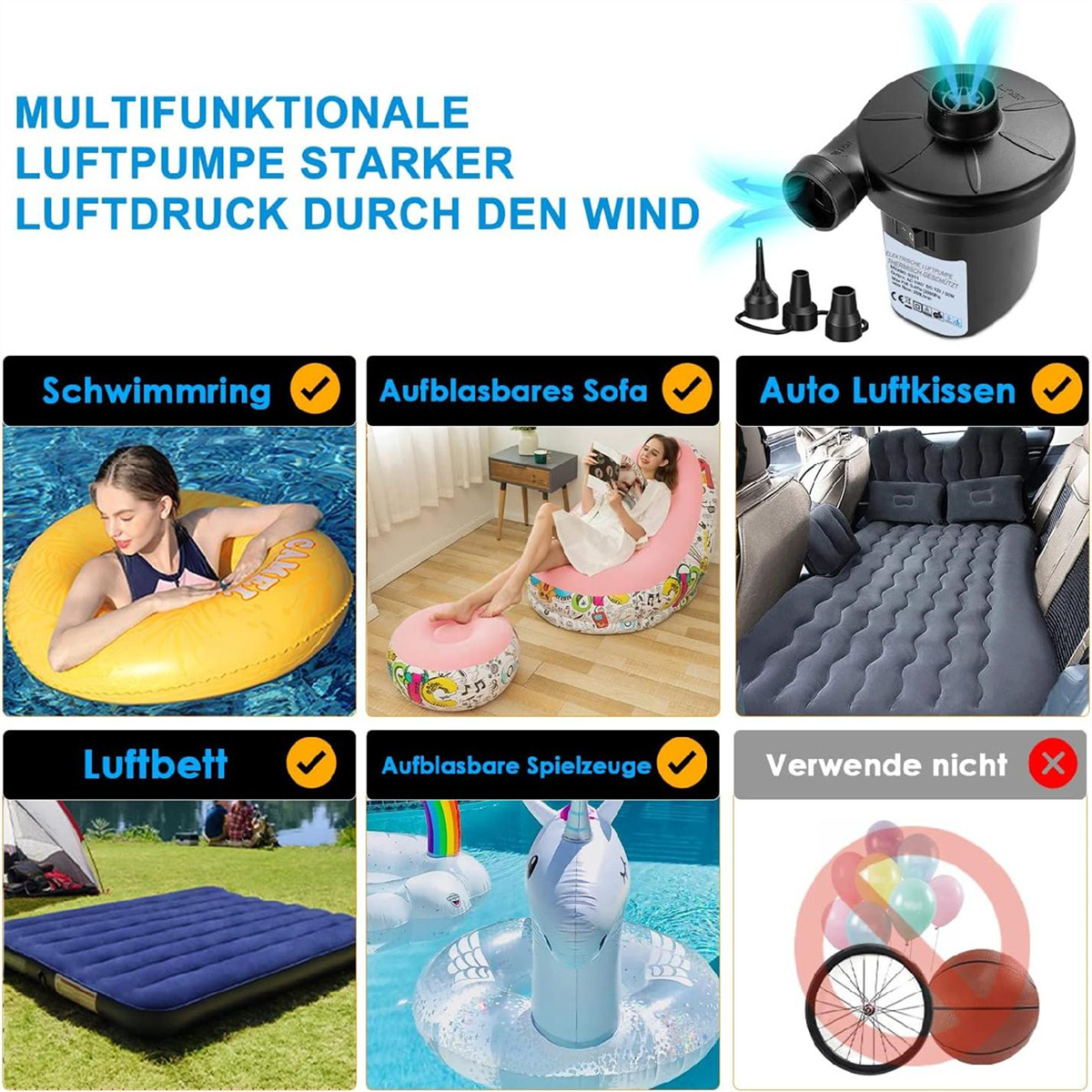 Multifunktionale Luftpumpe mit verschiedenen aufblasbaren Artikeln.