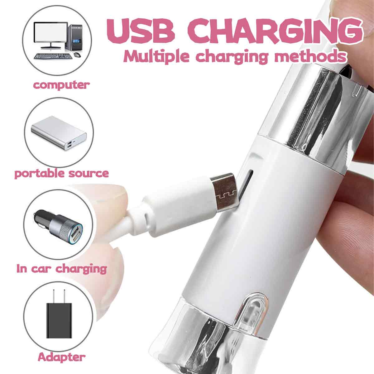 Weißer Ladestift mit USB-Kabel, das über verschiedene Methoden aufgeladen wird.
