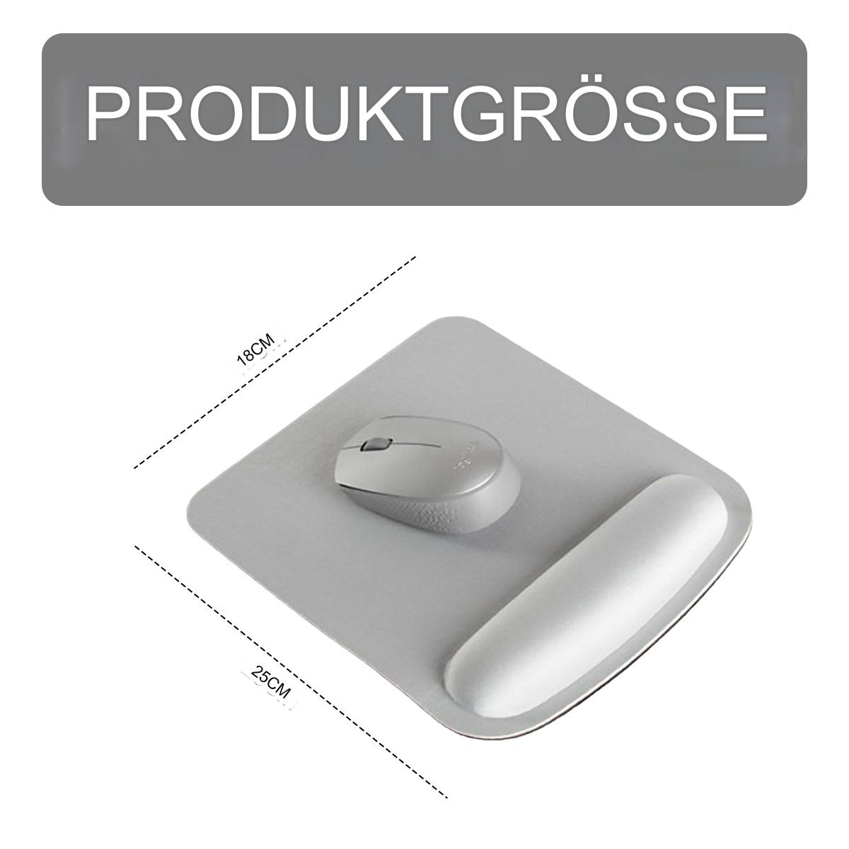 Ein graues Mauspadd mit Maus und Handgelenkstütze, mit Maßangaben.